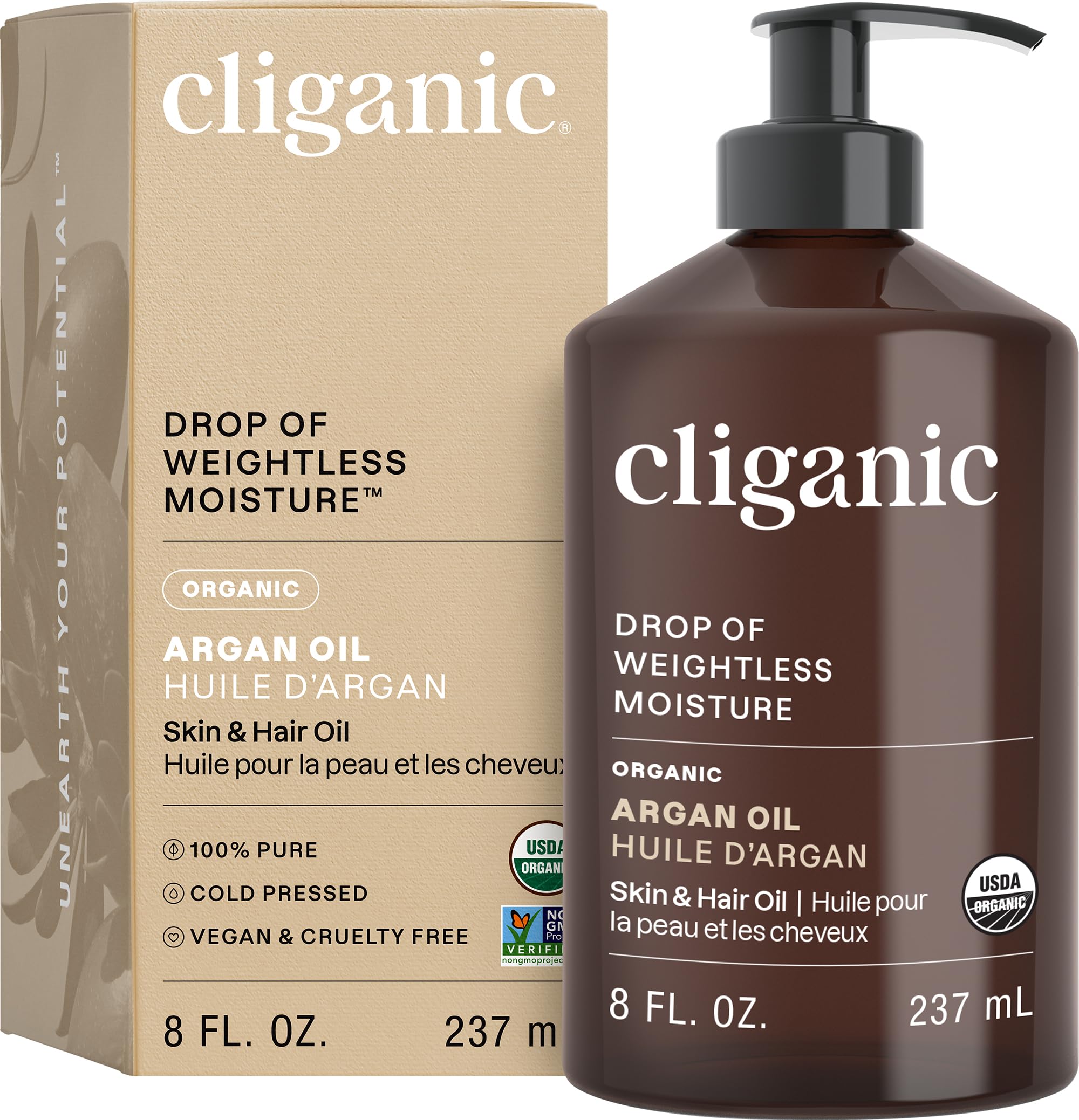 Cliganic Organic Argan Oil 8oz with Pump, 100% Pure - for Hair, Face & Skin