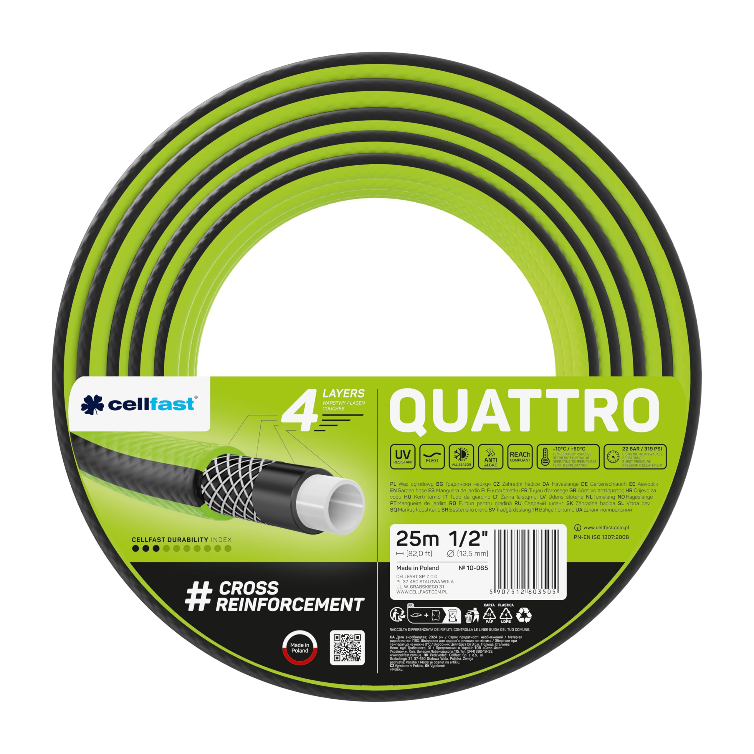 CELLFAST Gartenschlauch 4 Lagiger Wasserschlauch Aus Formstabilem Kreuzgewebe Für Garten Bewässerungsschlauch UV Beständig Anti Algen Flexibler Schlauch 20 Bar 1 2 Zoll 25 Meter Quattro
