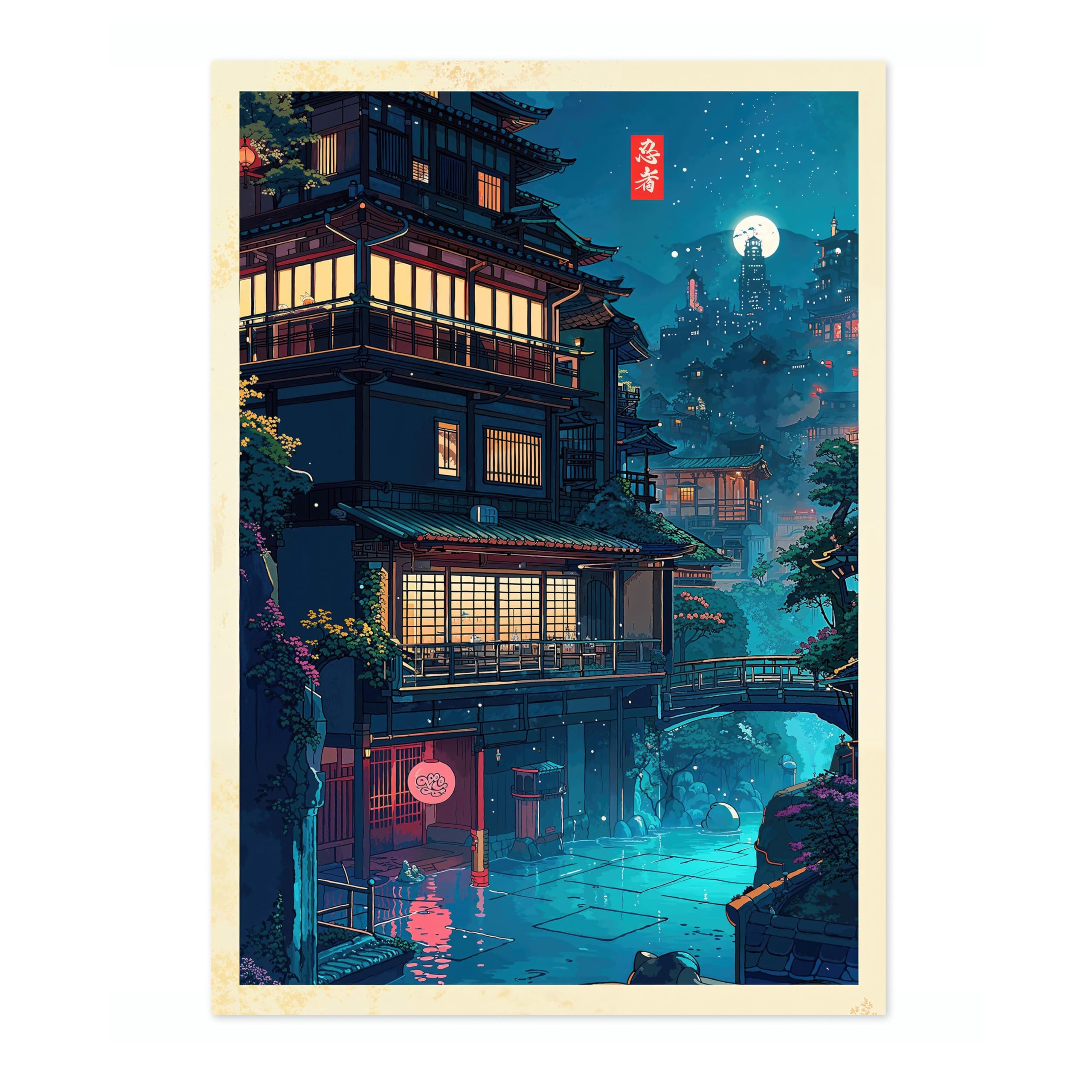 Anime City 3 Anime Woodblock Poster Modern Ukiyo-E, Japanese Cartoon Illustration Print, Archival Matte, A2 (Print Only) - 59.4x42cm