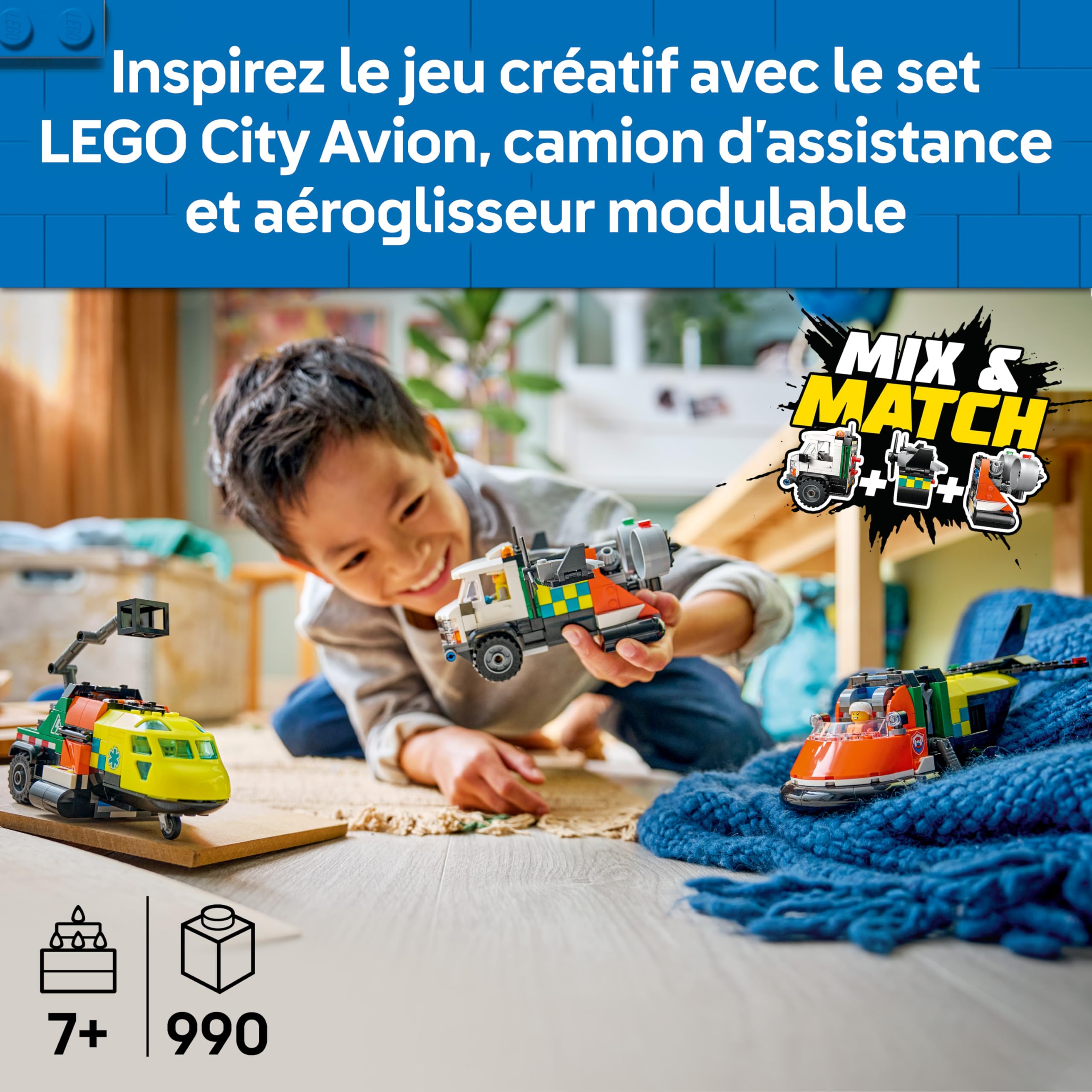 LEGO City 3-en-1 Avion, Camion d’Assistance et Aéroglisseur Modulable - Jeu de Construction - Maquettes de Véhicules de Secours à Combiner - 3 Minifigurines - Idée Cadeau STEM pour Garçon 7 Ans 60505