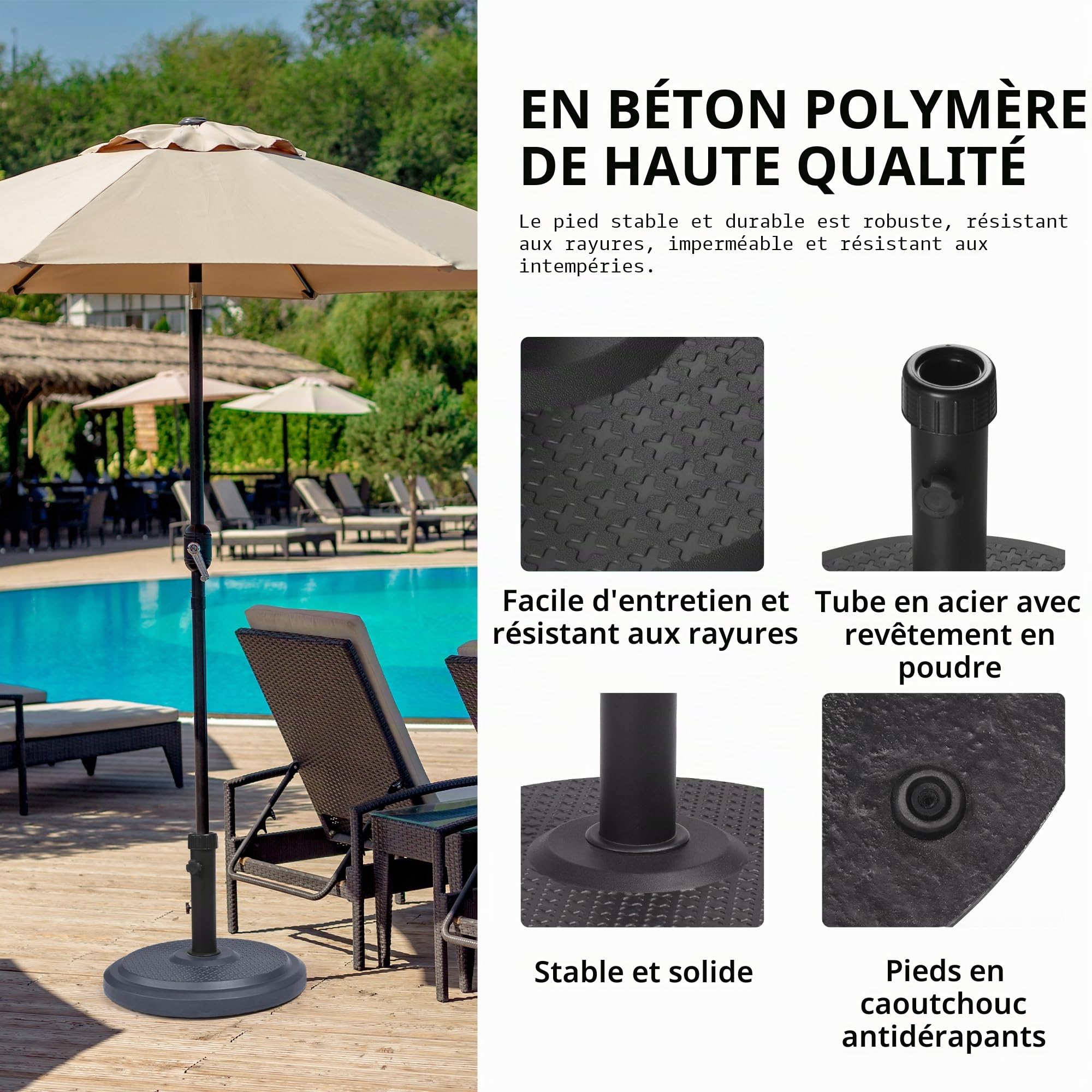 paramondo Pied de parasol Standard Rond, Noir, En Béton Polymère, Pour mât jusqu'à Ø 50mm, Douilles D'adaptation Incluses