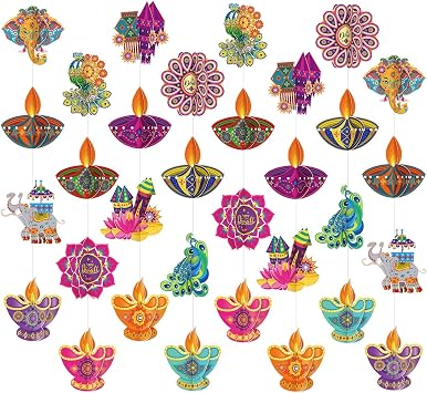 KYMY Happy Diwali Hanging Decorations, 8pcs India Festival of Lights Party Banners, Deepavali Rangoli Peacock Elephant Diyas 3D Cutouts Signs for Hindu Holiday Doorway, Curtain, Window & Ceiling