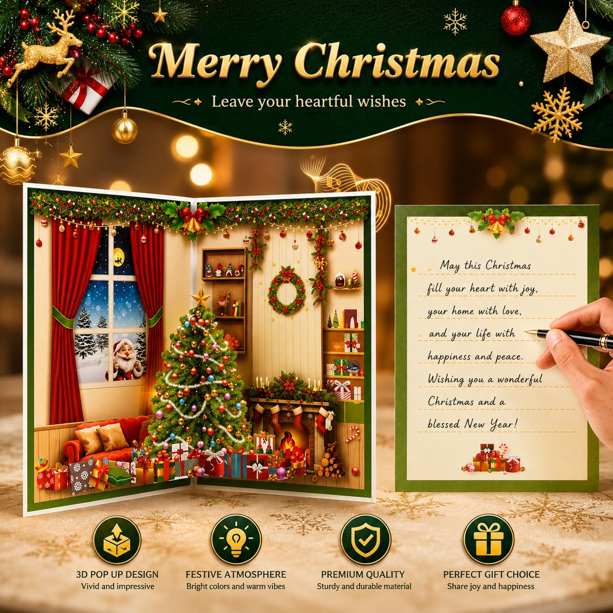 APOTODITO Cartes de Noël musicales 3D, carte pop-up avec musique et lumière, carte de vœux pop-up pour la famille, les amis, les enfants en vacances, le Nouvel An