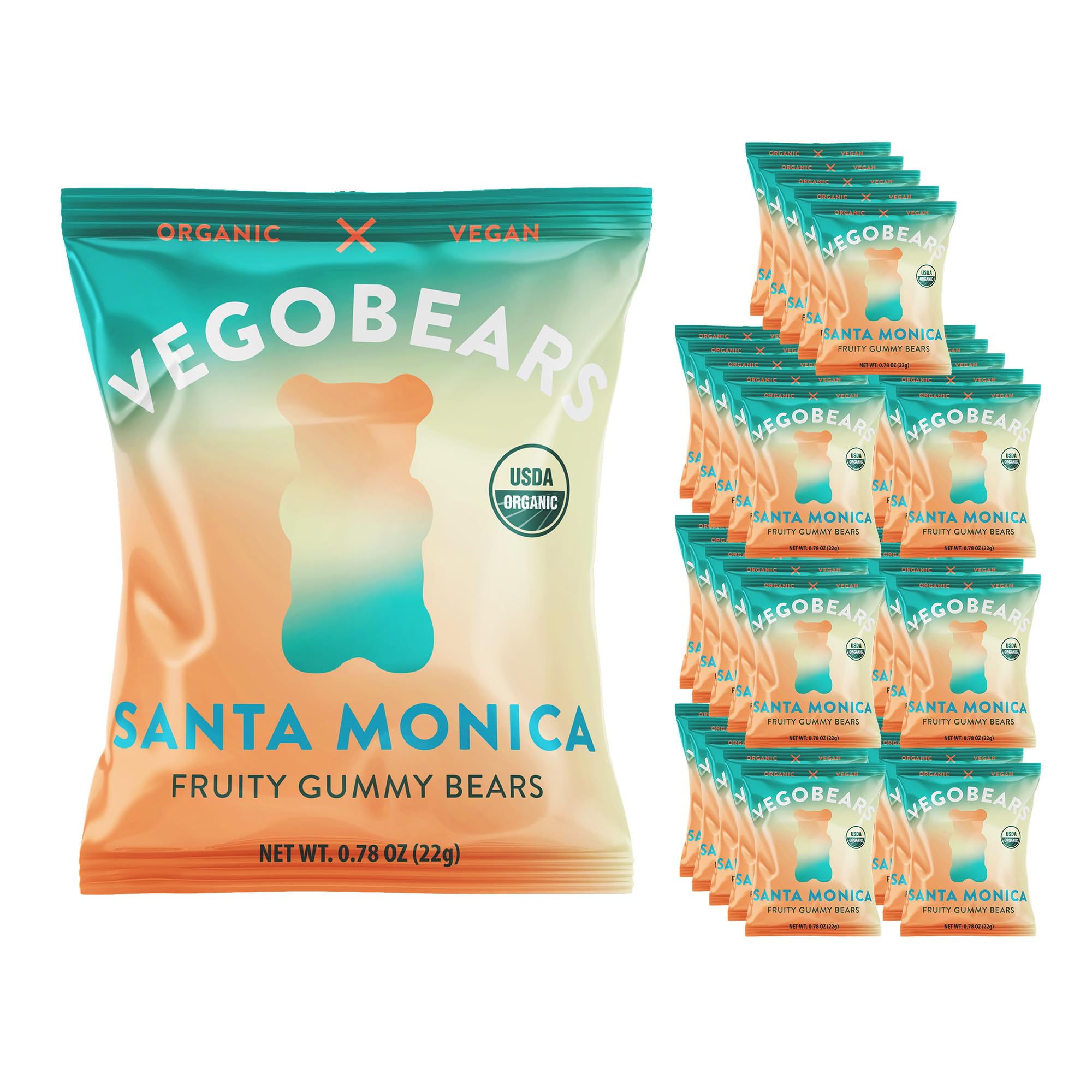VegoBears Santa Monica Snack Packs Organic Gummy Bears, Non-GMO, Banana, Pineapple, & Strawberry Gummies Single Serve Packs 0.78 Ounce (70 Calorie Packs) (35 Pack)