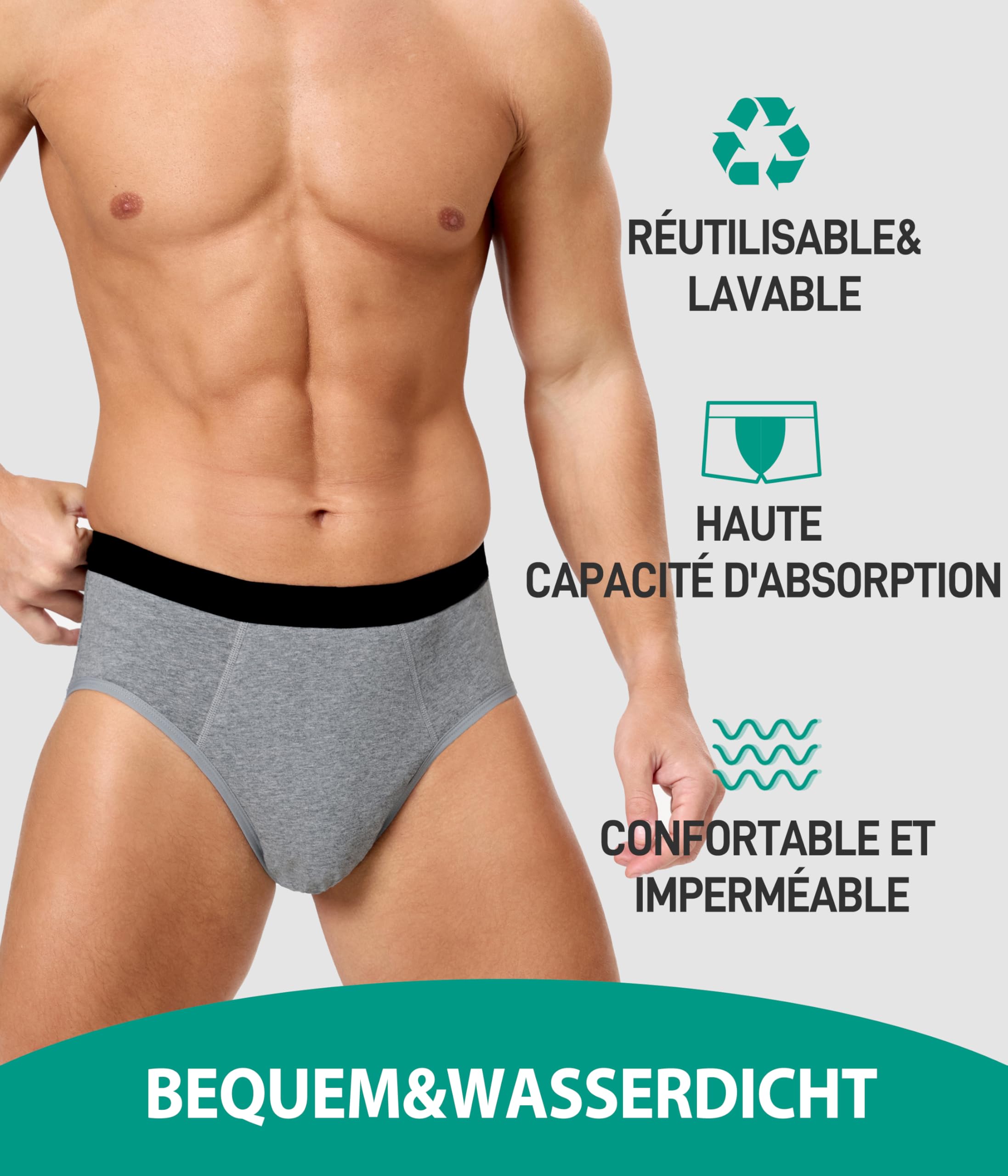 Lot de 3 Slip Incontinence Homme, Coton Lavable Caleçons Incontinence Hommes Culottes avec 150 ml,Réutilisable,Sous-Vêtements Anti-Fuite(Multicolor,2XL)