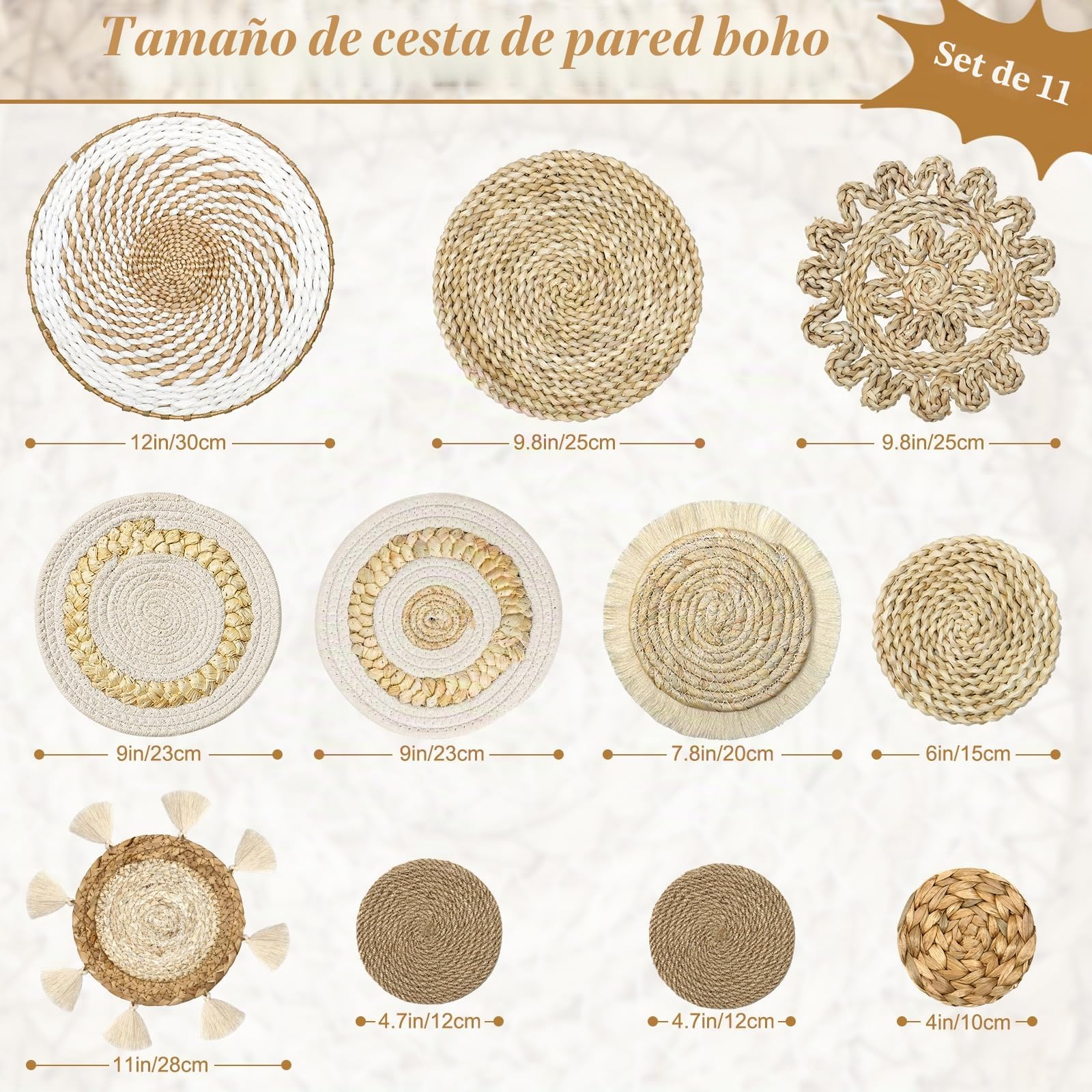 ASTNIC Juego de 11 cestas de pared bohemias para colgar en la pared, juego de decoración de ratán, cestas redondas de tejido bohemio, rústicas con borlas, macramé, cestas tejidas a mano, decoración de
