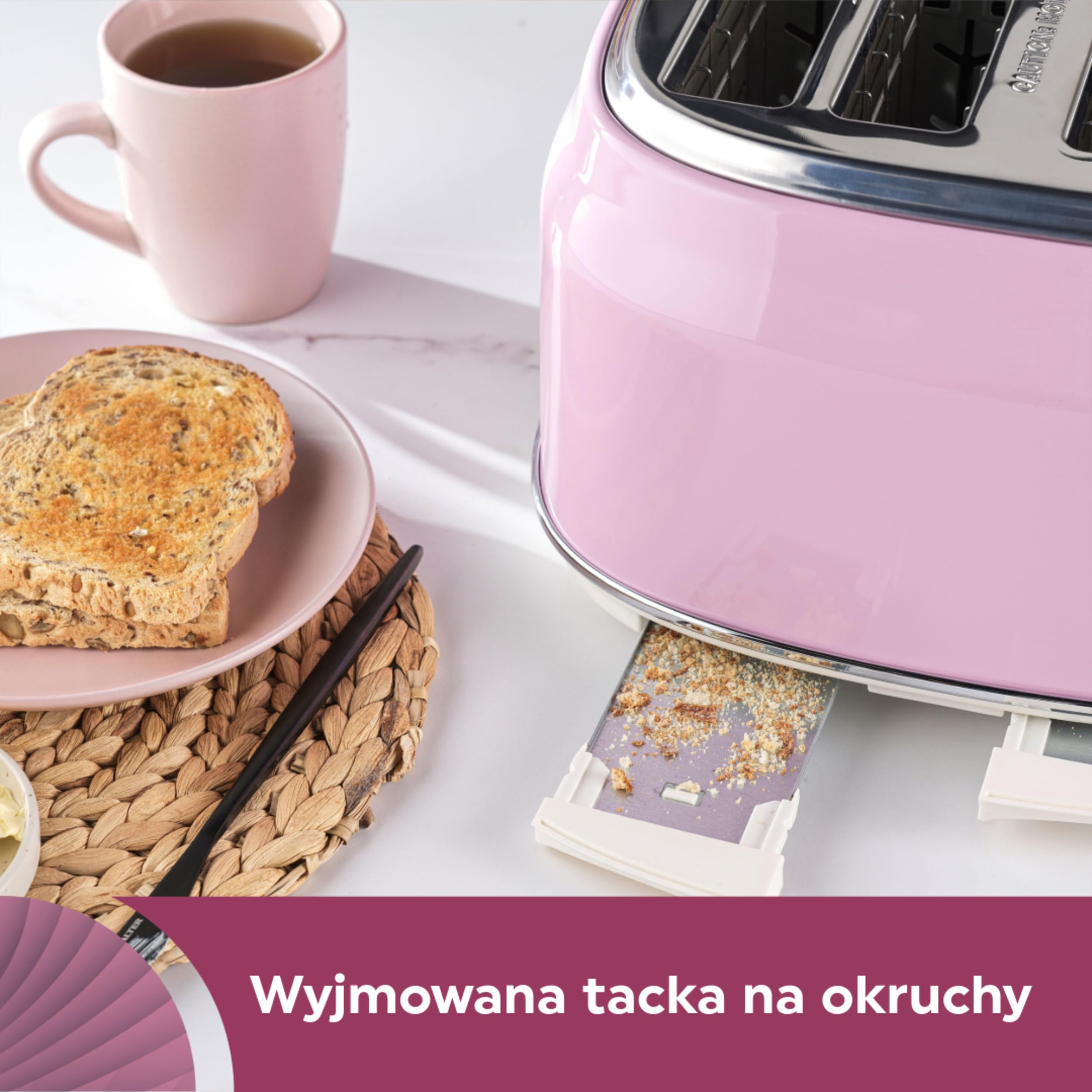 Salter Retro Toster 4-Kromkowy – Szerokie Szczeliny, 6 Poziomów Przyrumienienia, Funkcje Rozmrazania, Podgrzewania i Anulowania, Wyjmowana Tacka na Okruchy, Wysoki Wyrzutnik, 1630W, Rózowy, EK5739PNK
