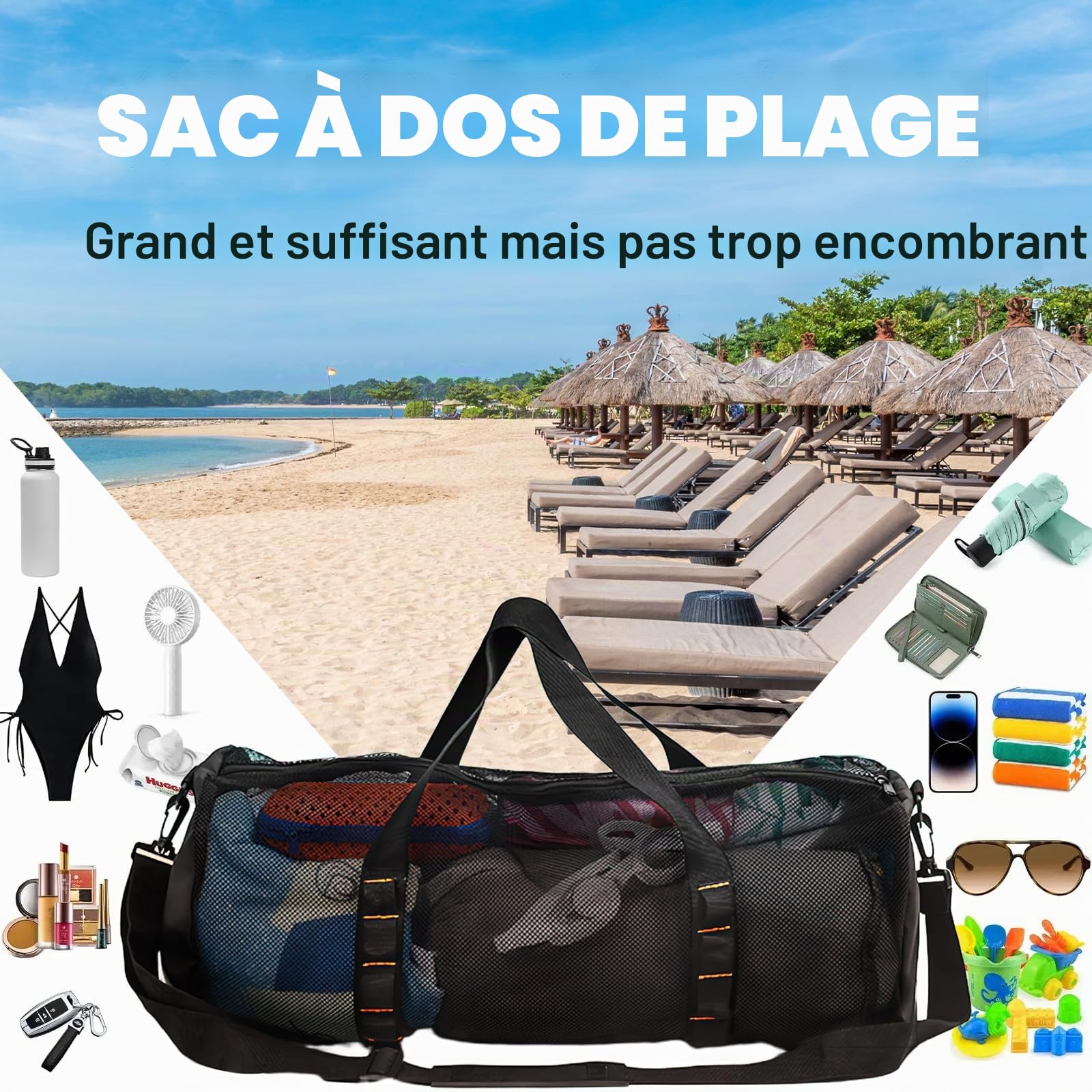 Sacs de Plongée Grande, Sac de Plage en Filet pour Plongée, Grand Sac de Plage en Maille avec Fermeture Éclair, SacMaille Noire en Nylon, Sacs d'Équipement de Sport pour Voyage