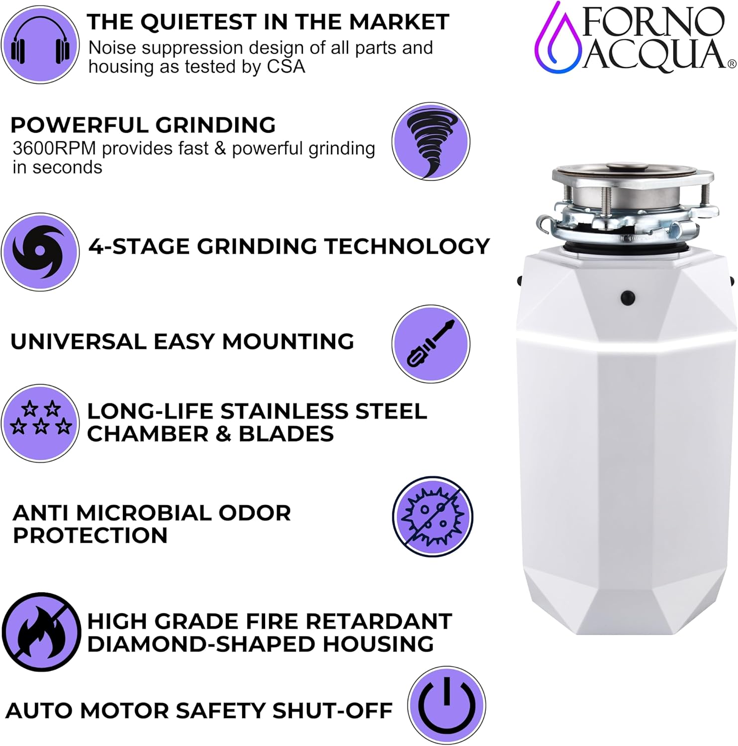 FORNO ACQUA BrightDIAMOND Moonstone 3/4 HP Garbage Disposal, Super Quiet Waste Disposer with Motion Sensor Cabinet Light, Pre-Wired Air Switch, Stainless Steel Chamber, Continuous Feed