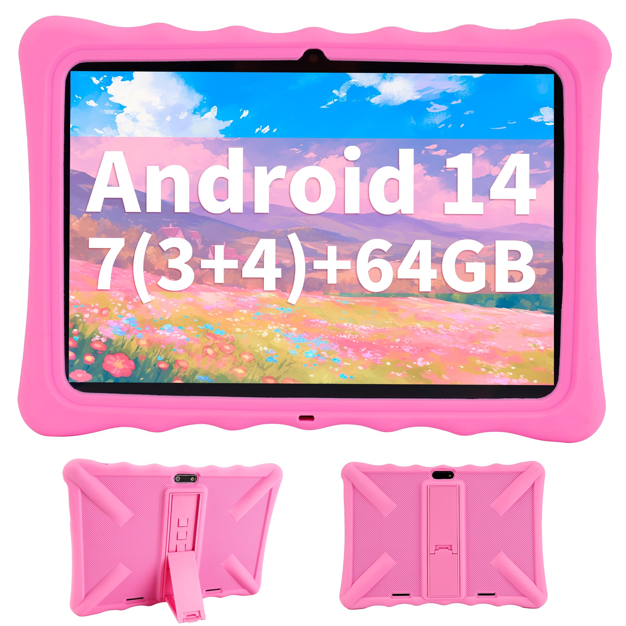 Veidoo Kinder-Tablet – 25,7 cm (10,1 Zoll) IPS-Augenpflege-Bildschirm, 7 GB (3 + 4) RAM, 64 GB ROM 512 GB erweiterbar, Dual-Kamera, WiFi 6, Octa-Core-Kindersicherungs-Tablet mit Silikon-Schutzhülle