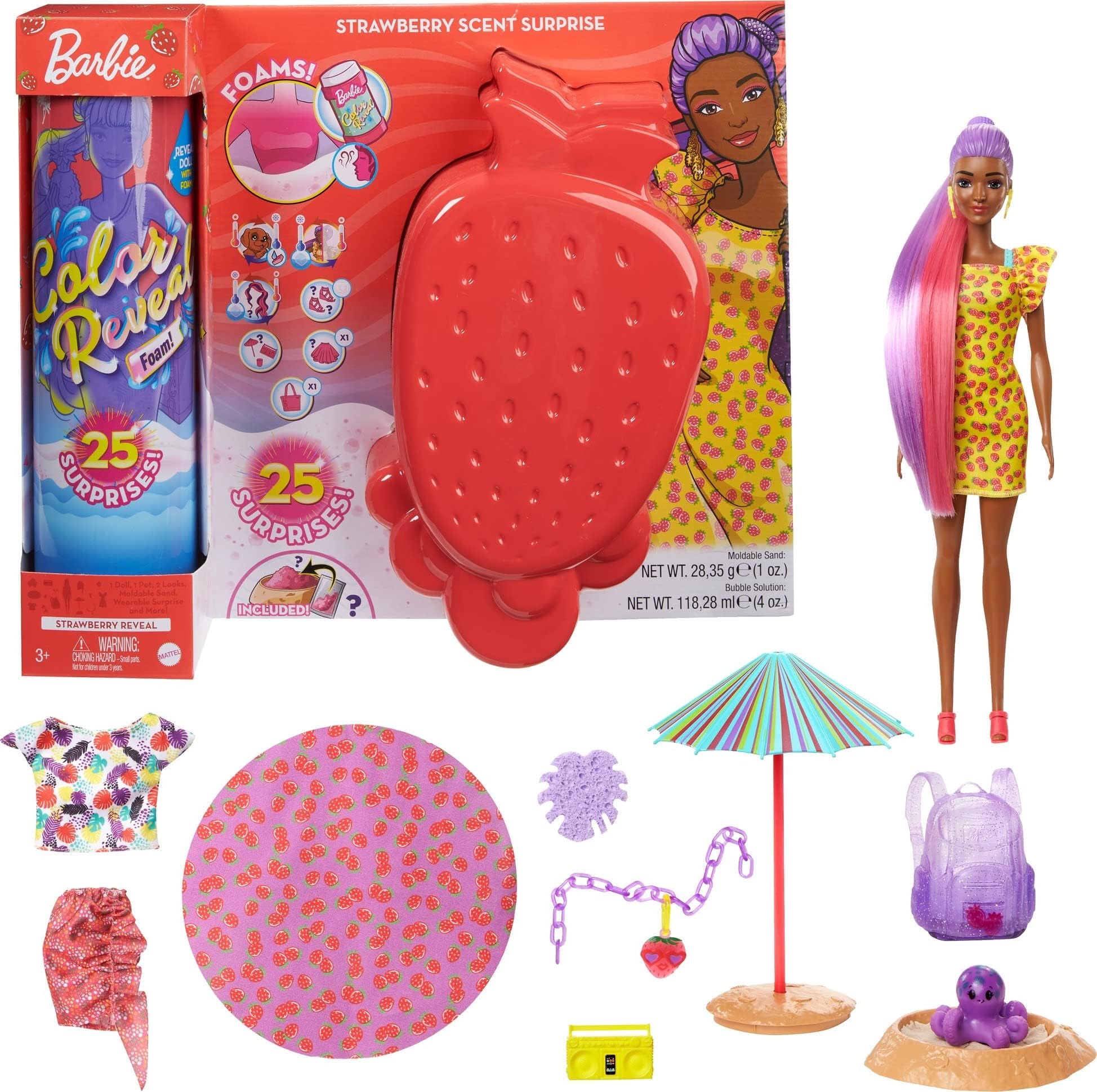 Color Reveal Foam! Doll & Pet Friend with 25 Surprises: Scented Bubble Solution, Outfits, Hair Extension, Accessories, Kid Bracelet & Charm Hidden in Sand; Sunny Strawberry-Theme