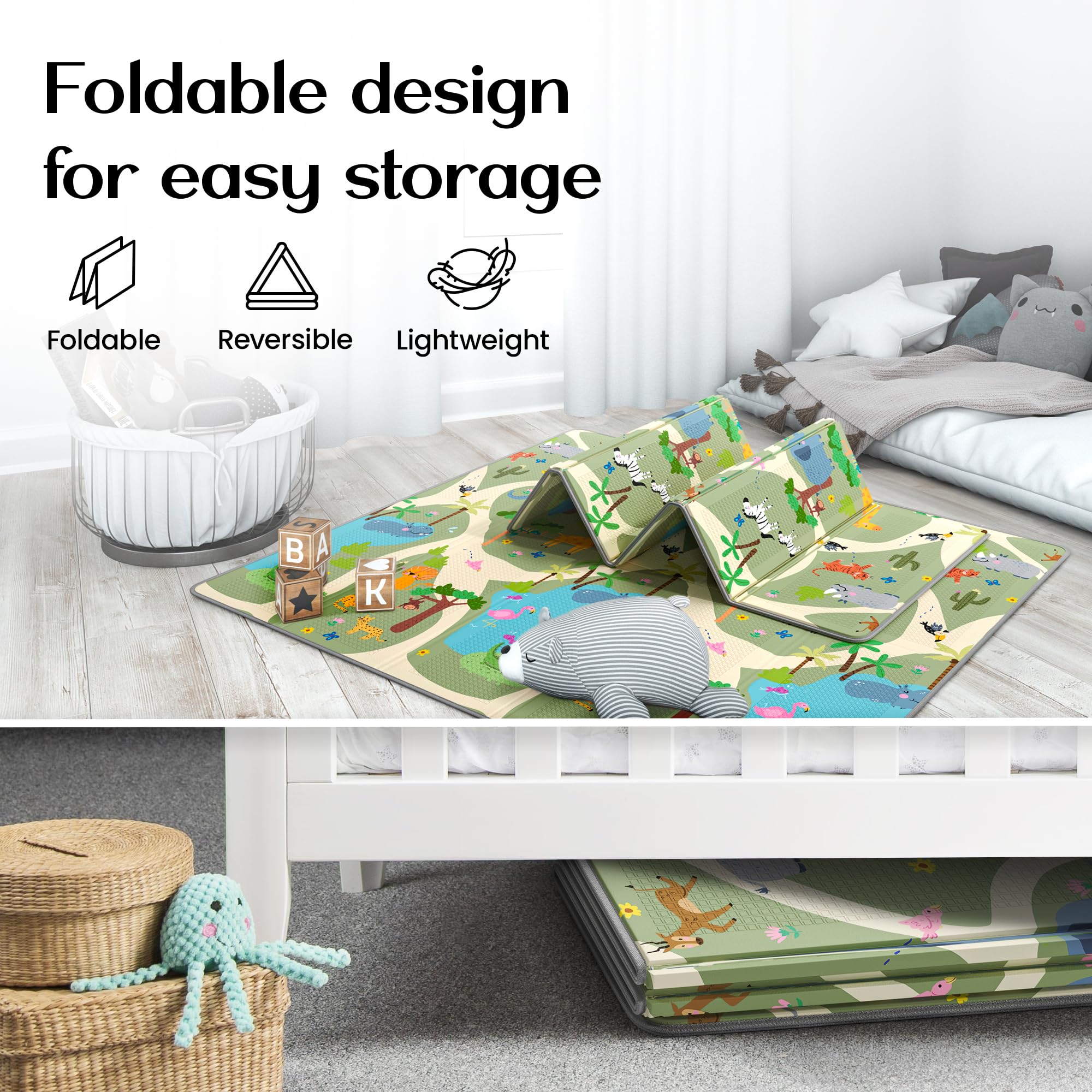 MAPALOU Krabbelmat Speelmat voor Baby & Kinderen Opvouwbaar & Vrij van Schadelijke Stoffen 180x200cm | Kinderkamer Speeltapijt Babymat Vloermat | Draagbaar & Waterdicht voor Binnen & Buiten – Safari