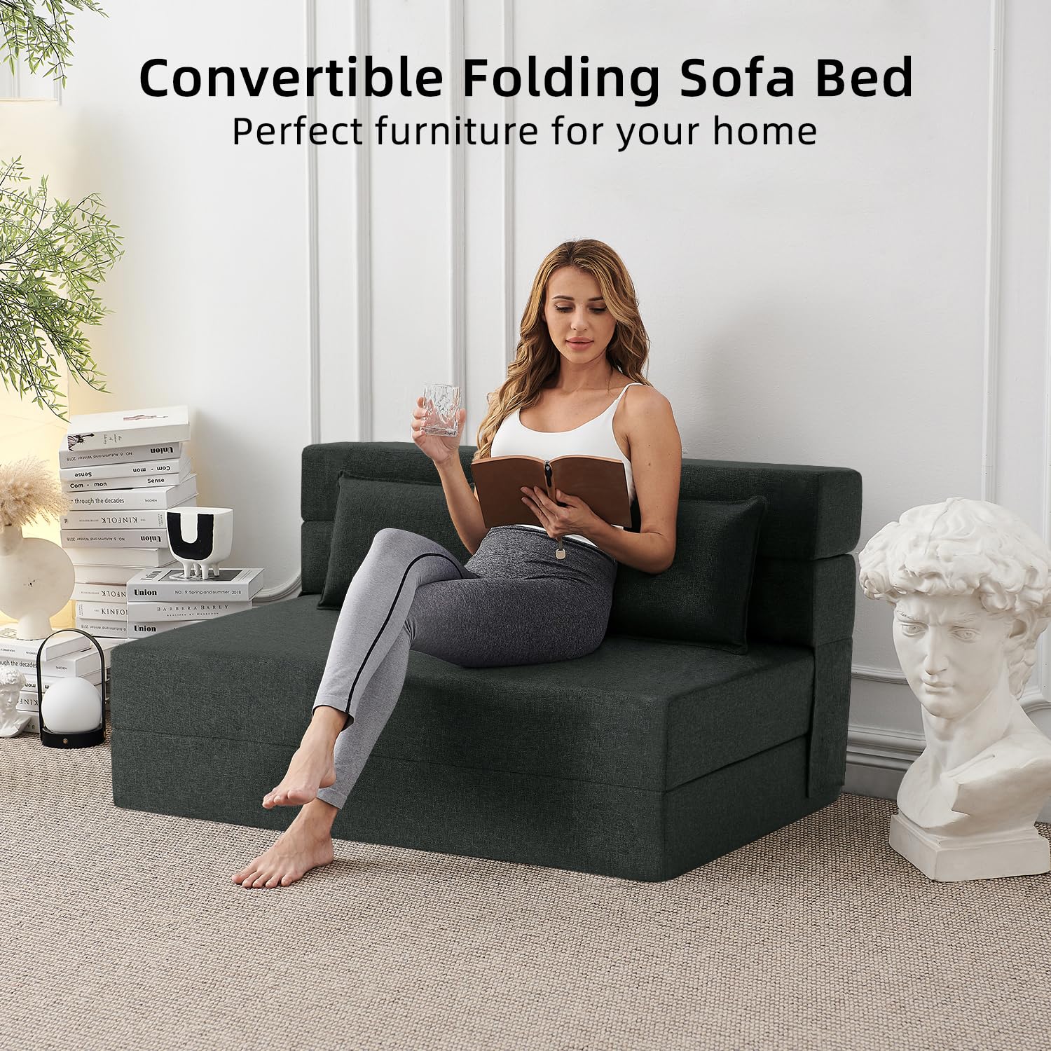 FILUXE Convertible Folding Sofa Bed - Sleeper Chair with Pillow, Modern Linen Fabric Floor & Futon Couch, Foldable Mattress for Living Room/Dorm/Guest Use/Home Office/Apartment, Queen Size, Dark Gray: Dark Gray Queen