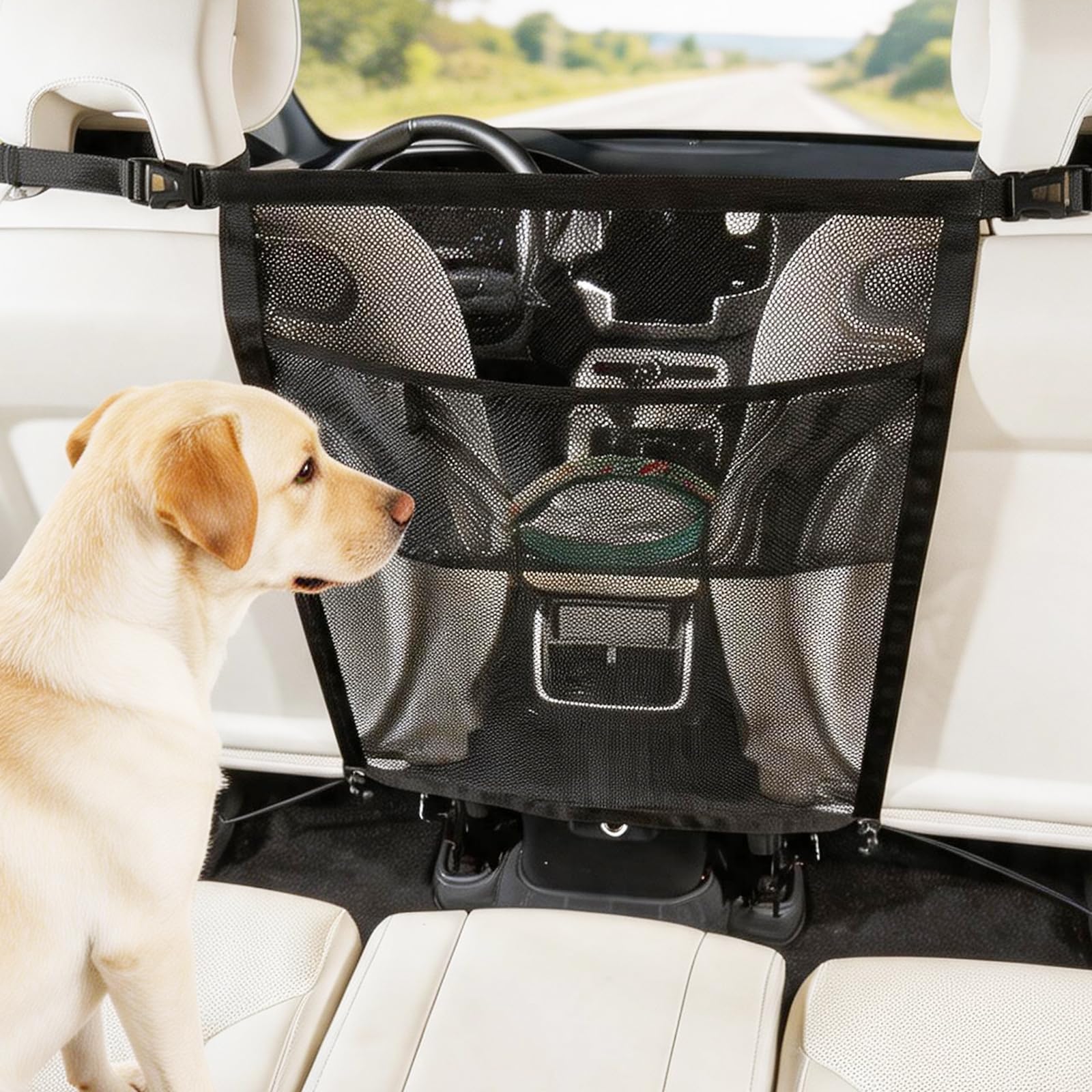 Griglia per cani per auto, 69 cm x 57 cm, regolabile, universale, con tasche portaoggetti, griglia divisoria per bagagliaio e sedile posteriore, barriera di sicurezza contro il cane dal