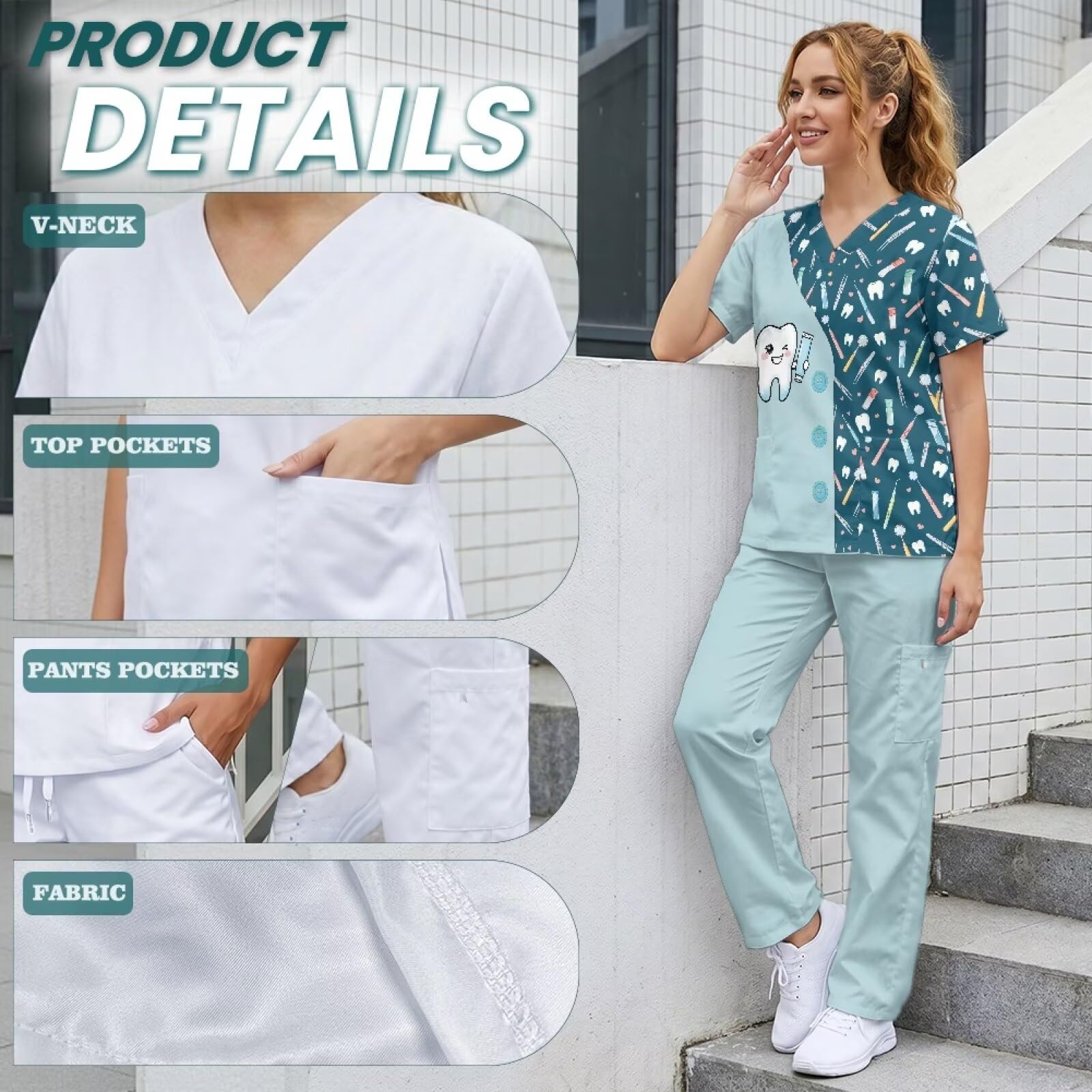 Set di scrub da donna con stampa dentale, comodo scrub infermieristico per donne set per assistenti veterinari, vestibilità rilassata e resistente alle rughe