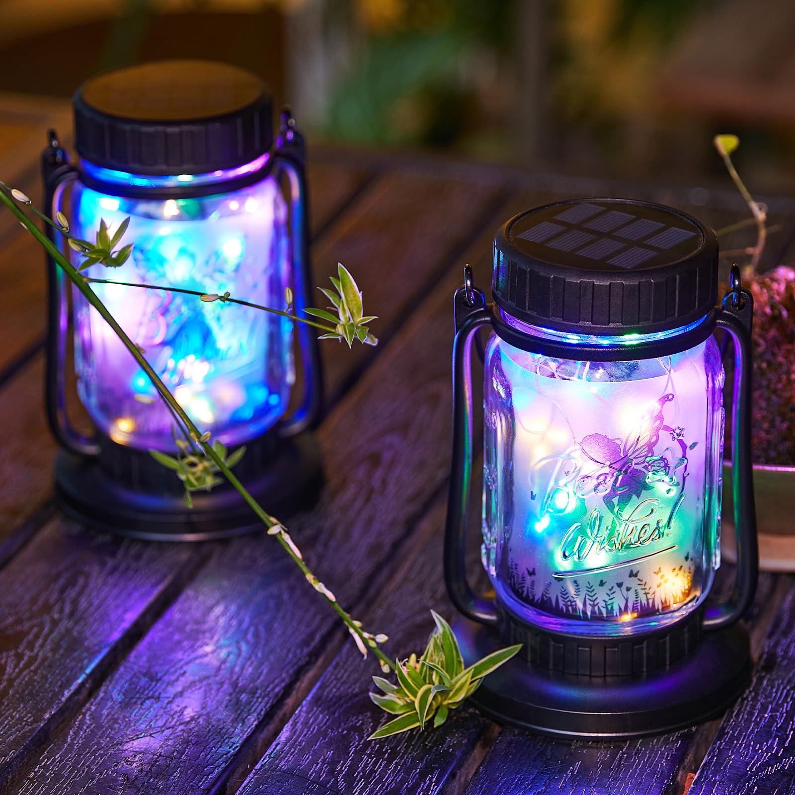 Solar Lanterns Fairy Lights, 2 Pack Solar Mason Jar Lights, Hanging Solar Lanterns Outdoor Waterproof, Glass Jar Starry Fairy Light with 30 LEDs Halloween Decoration for Garden Patio Xmas (Colorful)