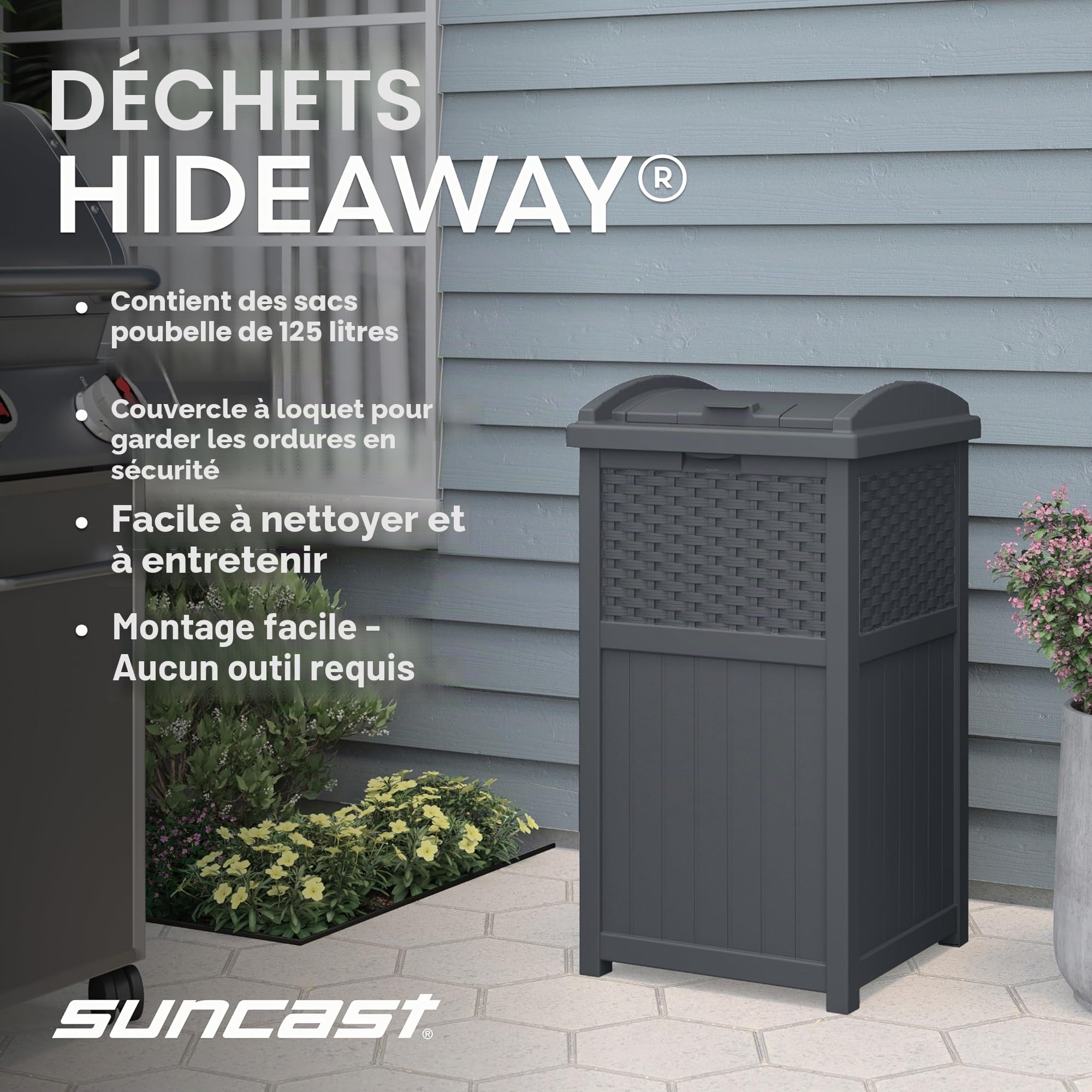 Suncast Poubelle cachée de style osier avec couvercle à verrouillage sécurisé et construction résistante aux intempéries pour terrasse, fabriquée aux États-Unis, 125 L, gris (Cyberspace Grey)