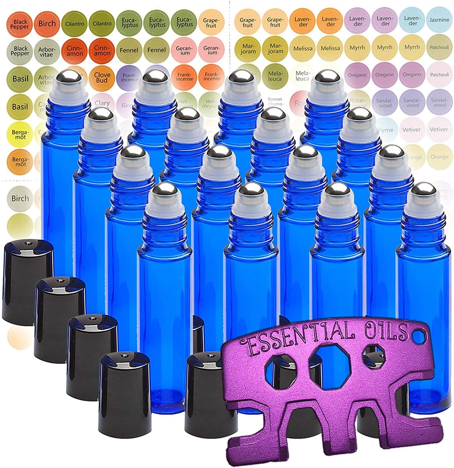 16 Glass Stainless Steel Roller Bottles 16 Pack Cobalt Blue 10ml