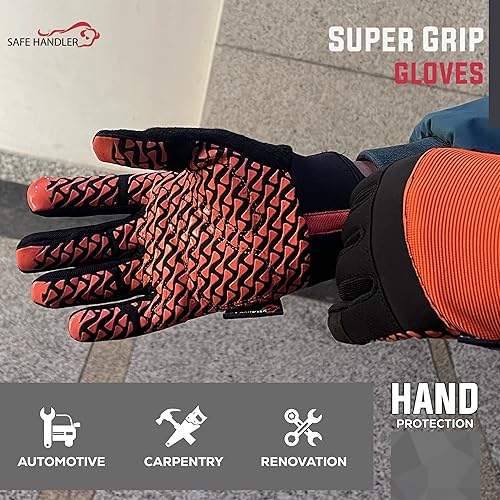 Miniatura 8 de SAFE HANDLER Guantes Super Grip  Palma de agarre texturizada, textura antideslizante, correa de muñeca con gancho y bucle, negronaranja, SM, 1 par