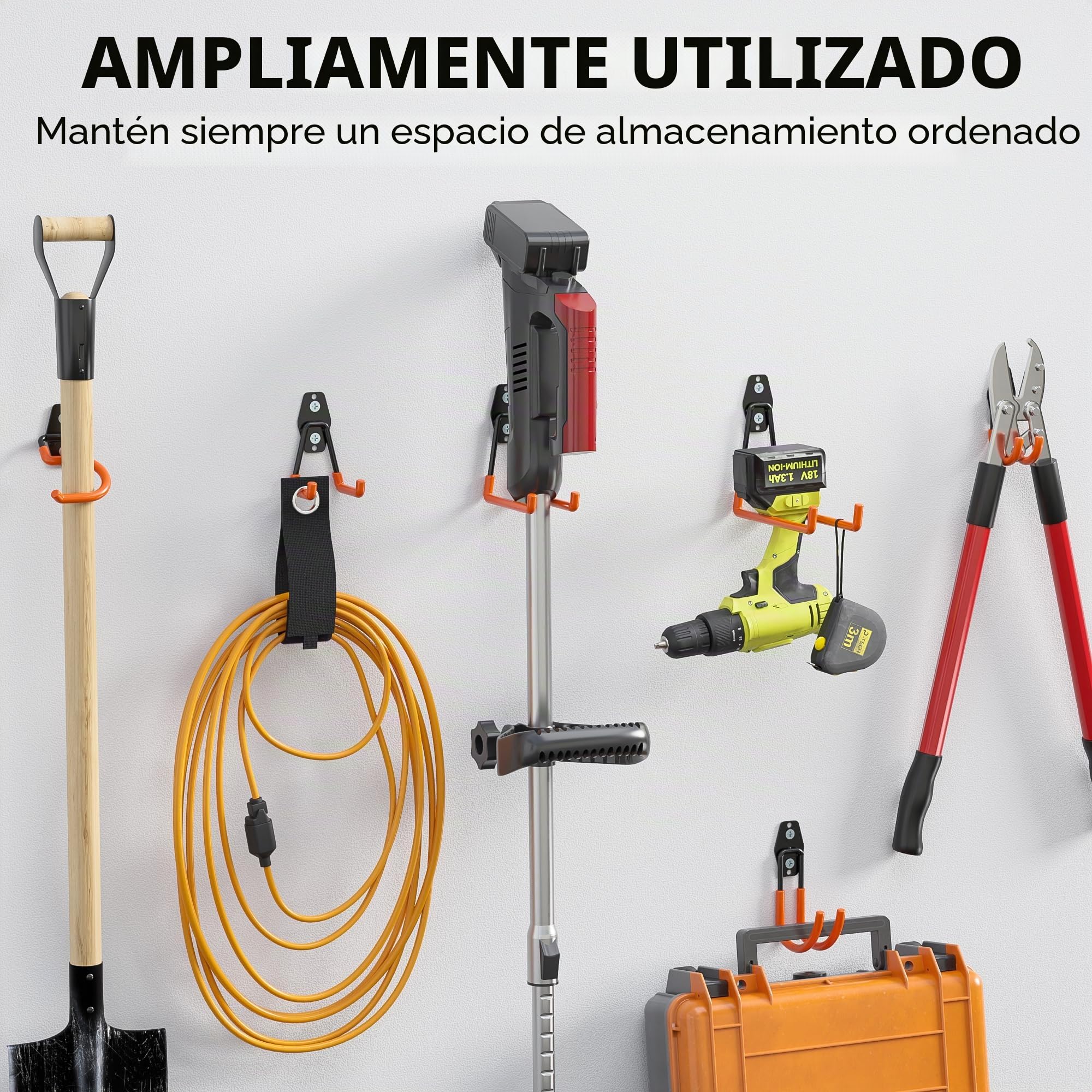 BONTEC Ganchos De Garaje Pesados, Set 18 Ganchos Antideslizantes, Acero Reforzado, Carga 502 KG, U y S Soporte Bicicleta, Organizador Herramientas, Colgador Pared Multiusos, Naranja
