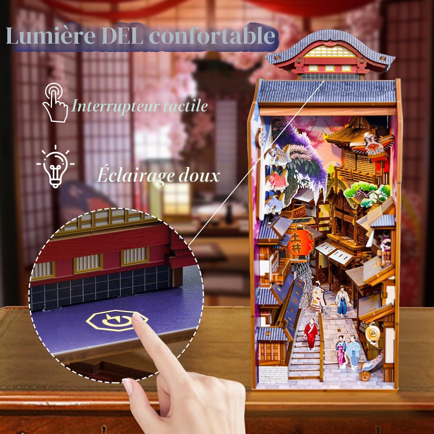 Book Nook Japon, 293 Pièces Book Nook Sakura Street Kit Japonais, DIY Miniature House avec Lumière, Miniature a Construire pour Adultes et Adolescents, Décoration Japonaise en Bois pour Adultes