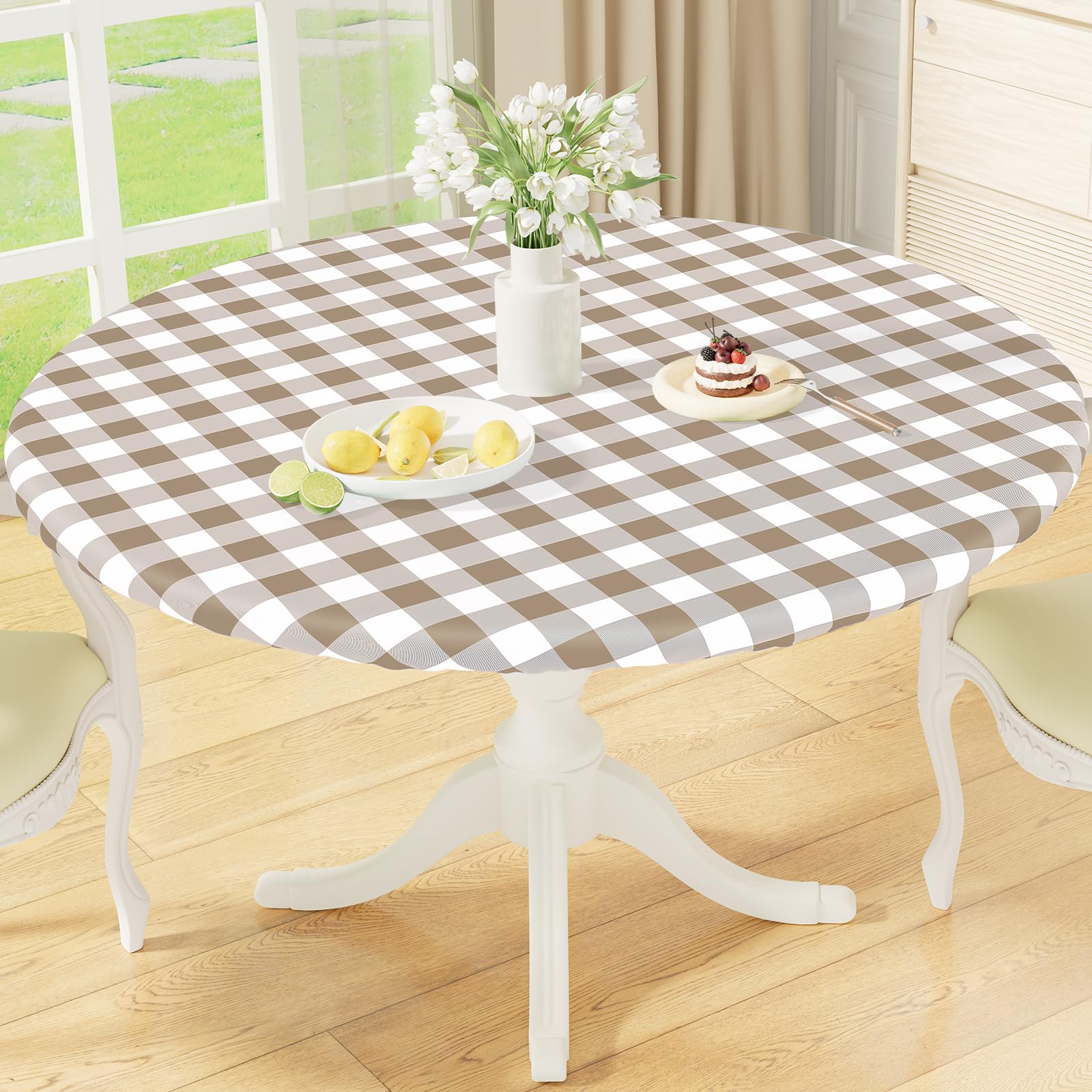 misaya Round Fitted Tablecloth with Elastic Edge, Buffalo Plaid Waterproof Vinyl Flannel Backed Table Cloth Cover Fits 18"-24" Round Tables for Dinner, Outdoor, Picnic, Khaki White Check