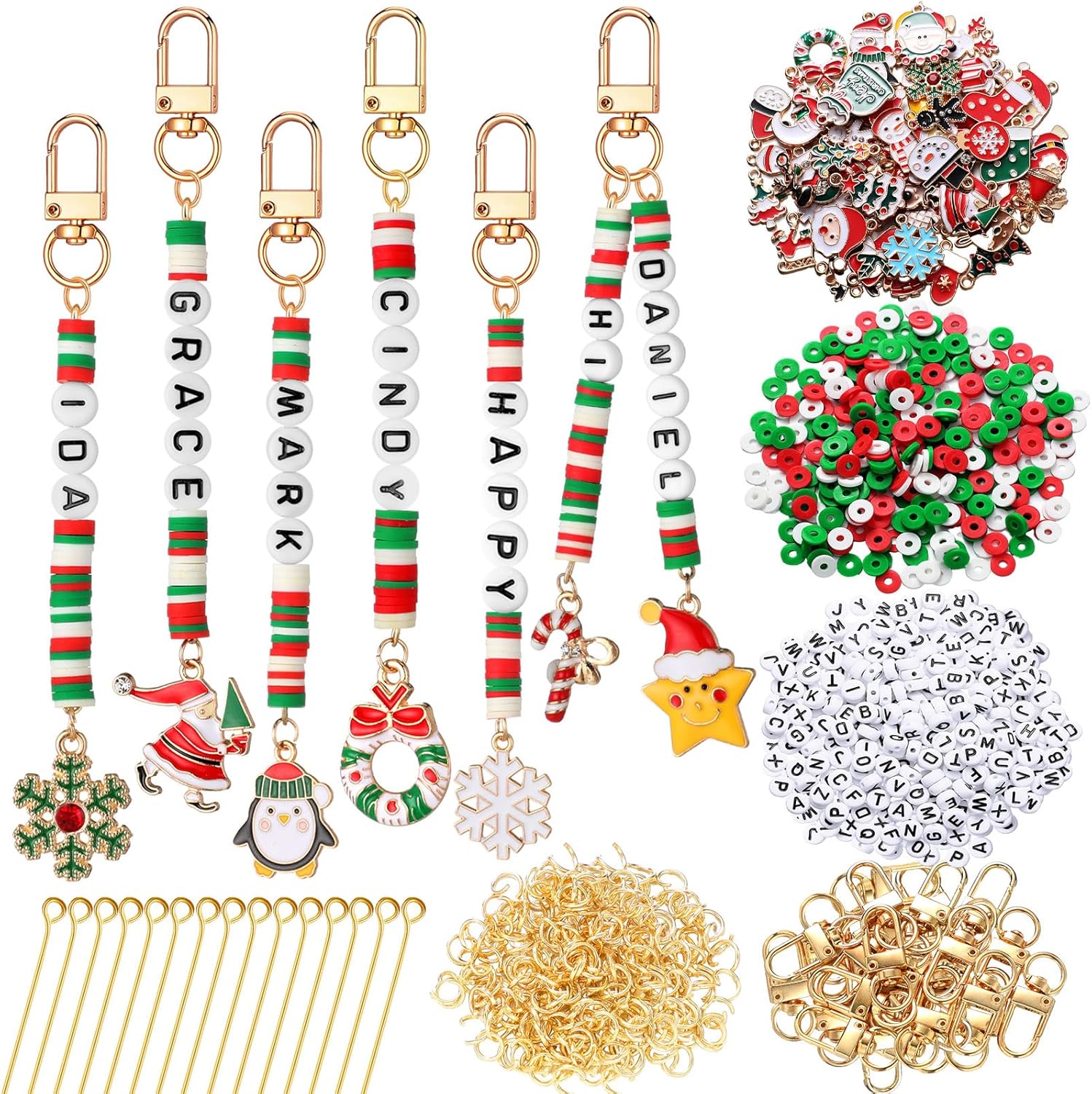 Tondiamo 2823 Pcs Christmas Bead Keychain DIY Craft Making Kit Christmas Key Ring Charms Letters Beads String for Xmas Gift Jewelry Key Ring Backpack Accessories