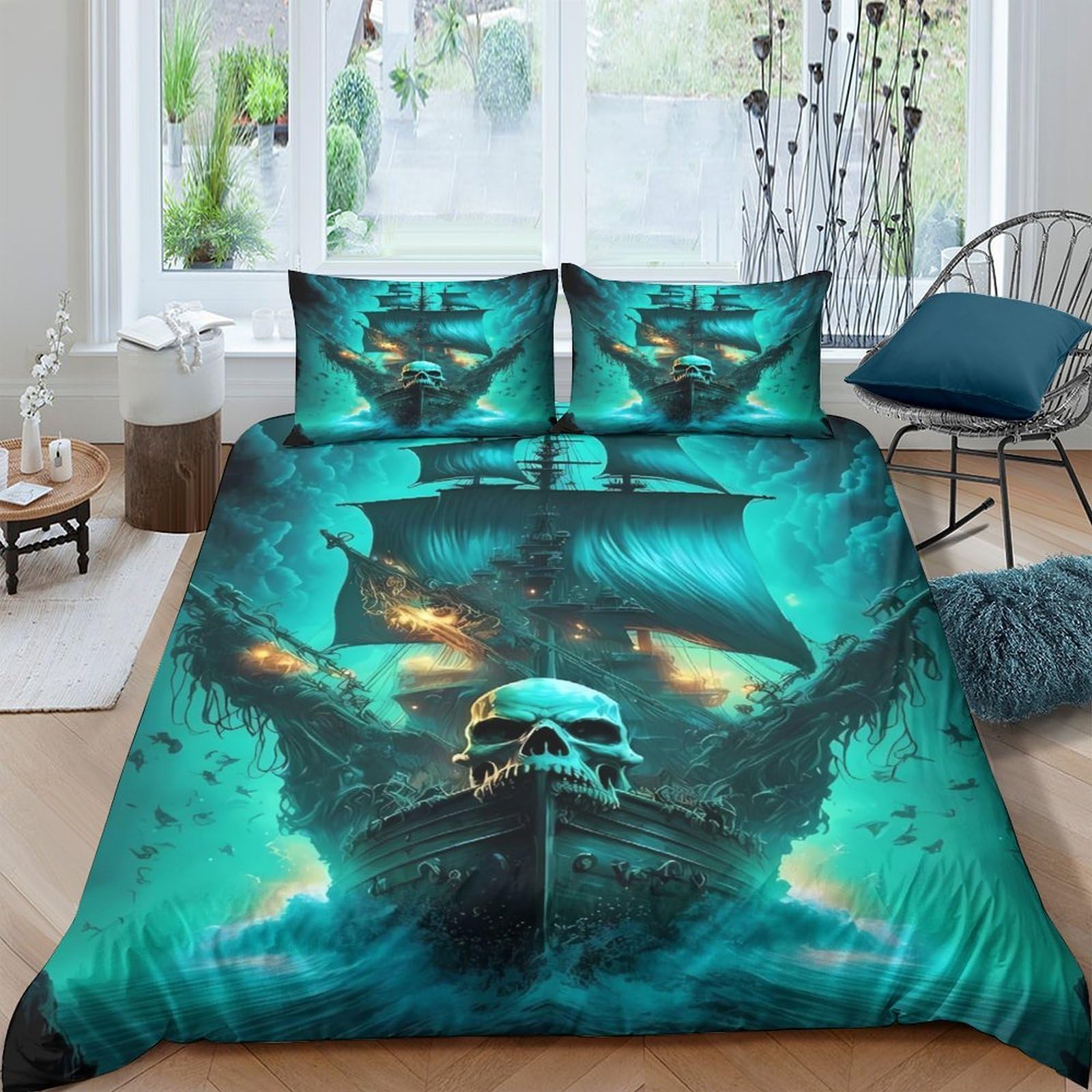 Ctjqhvkz Style-8 3D Printed Pirate Ship Fitted Sheet Microfiber Teal Skull Bed Cover For Bedroom Guest Room Dorm Decor Mattress Protection Single（135X200cm）