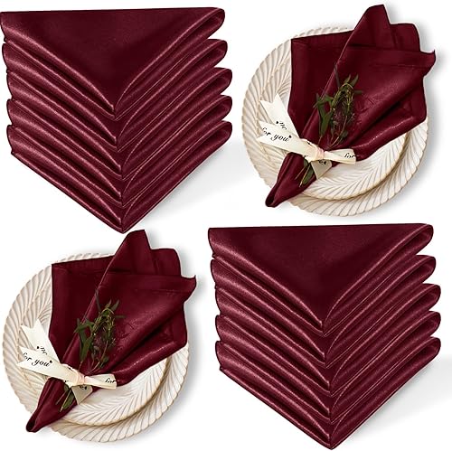 Paquete de 12 servilletas de satén de 17 x 17 pulgadas, servilletas de boda sedosas color burdeos lavables, juego de servilletas de lujo para mesa