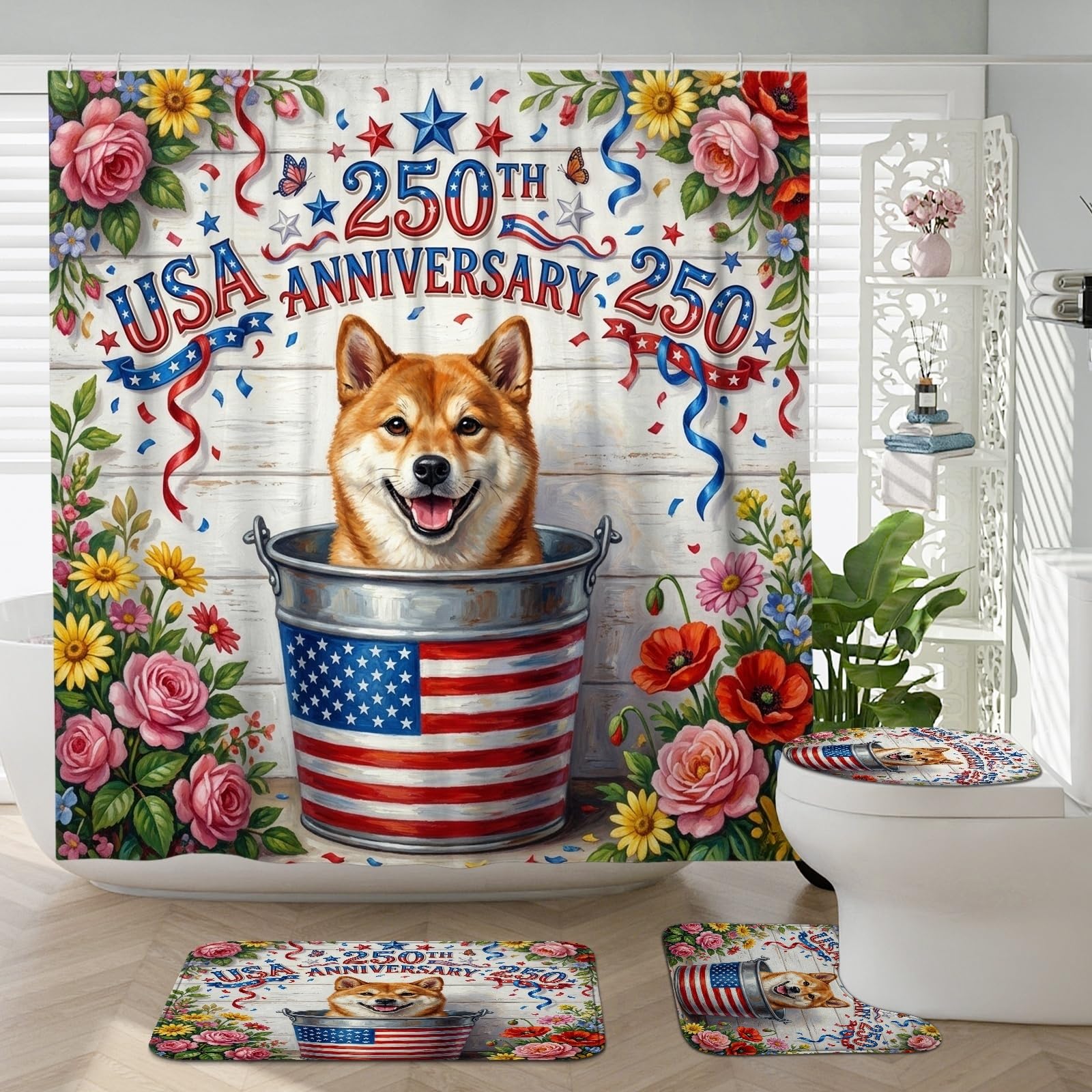Tapis antidérapant et rideau de douche Shiba Inu lot complet pour sécuriser votre salle de bain