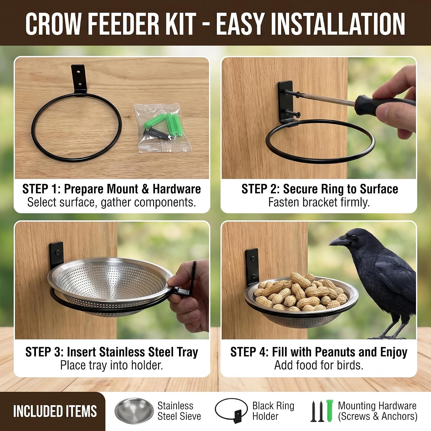 Crow Blue Jay Peanut Feeder: Tree Fence Mounted Bird Squirrel Feeder Bowl | SUS304 Stainless Steel Drainable Feeding Tray for Woodpecker Cardinal, Suet Cake Nut Sunflower Mealworm Seed Feeder