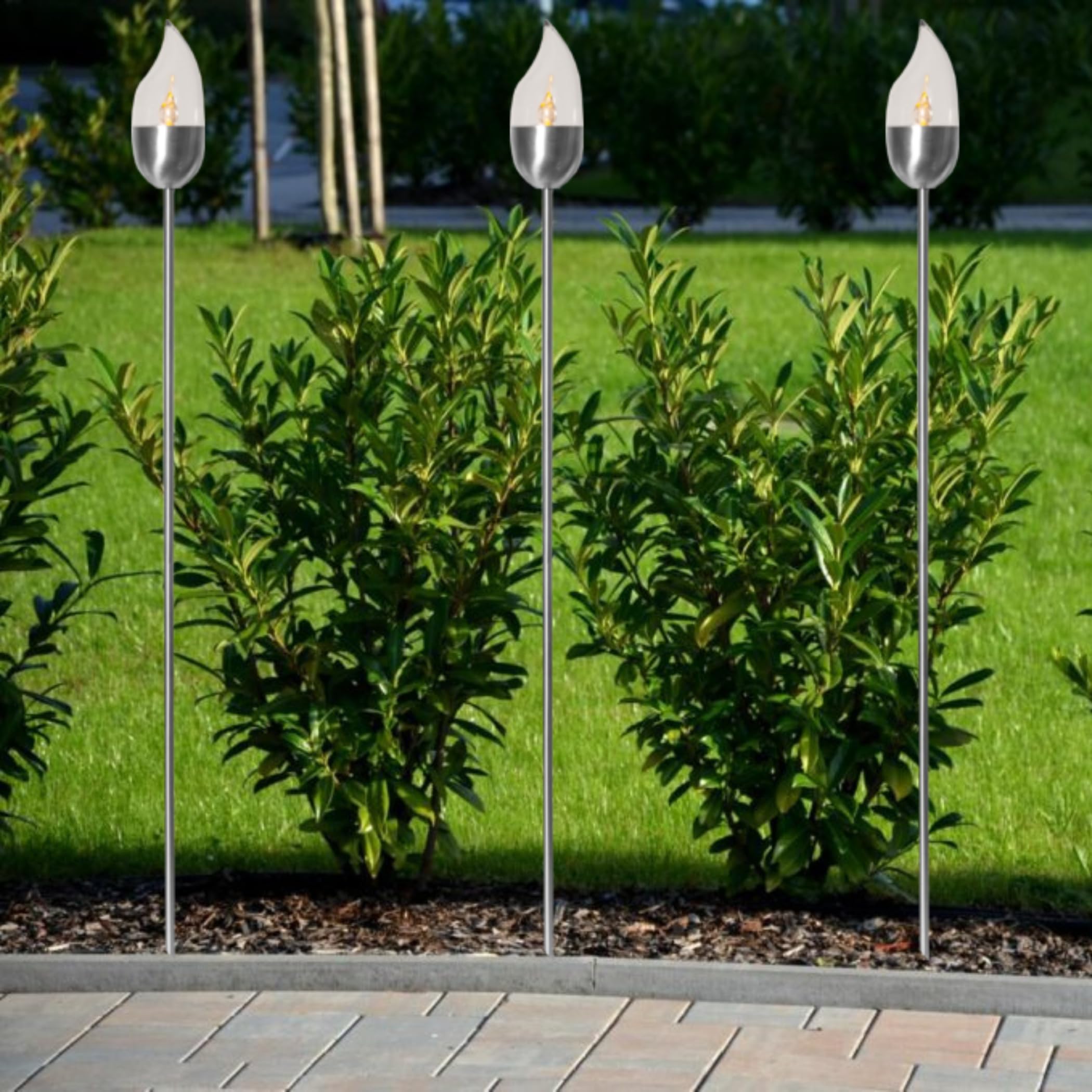 3er-LED-Solar-Gartenfackel-Set 'Chiemsee', geschlossen, Edelstahl, ca.115 cm x 8 cm 3 Amber LED, mit Solarpanel, incl. Akku, Outdoor, Kunststoffglas geschlossen, Winterfest