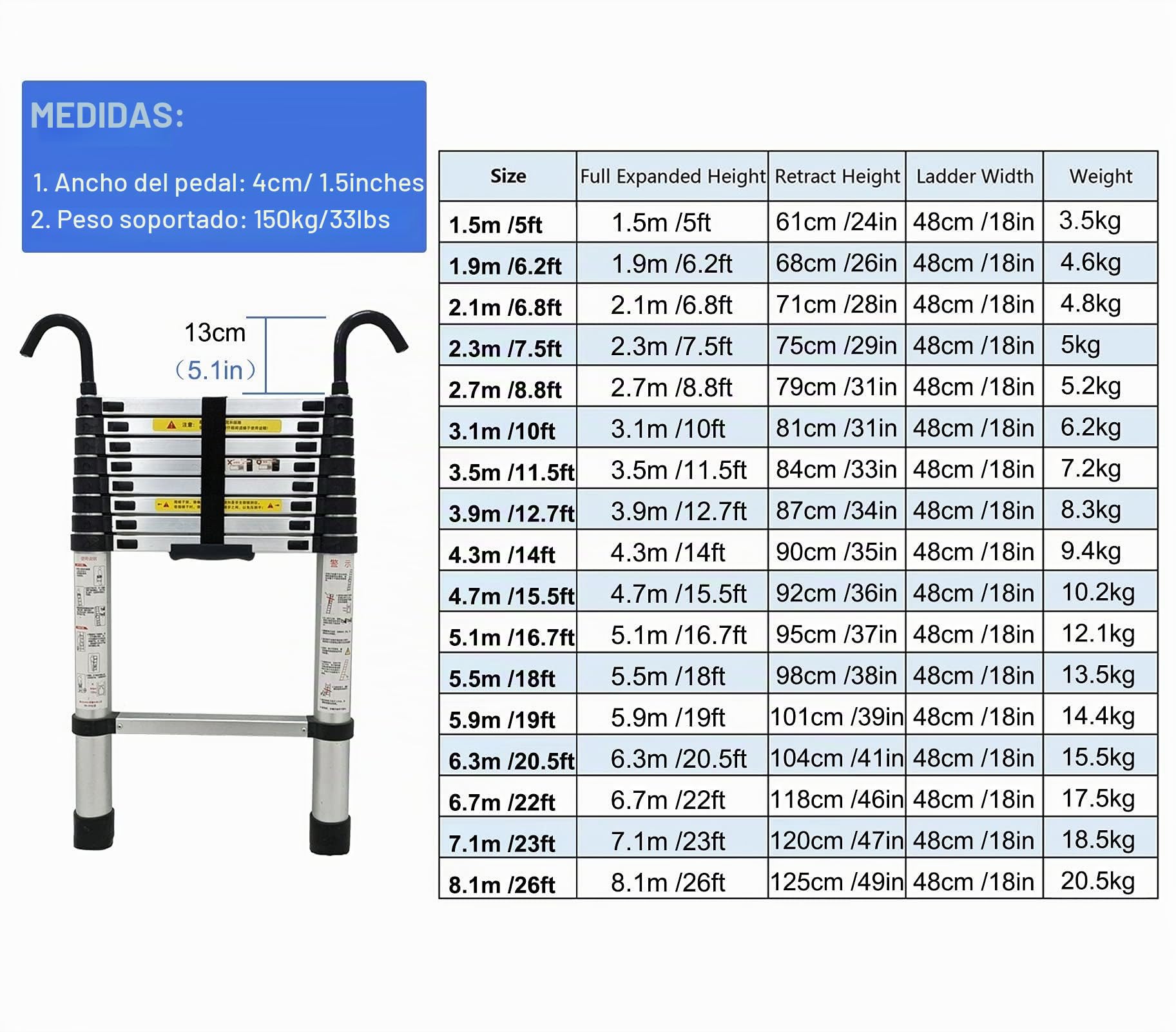 Escalera telescópica telescópica 8m/ 7m/ 6.2m/ 5m/ 4m/ 3.8m/ 2.6m, Escaleras de extensión de Aluminio con Gancho para Negocios de techado, Uso doméstico, Trabajo al Aire Libre de R