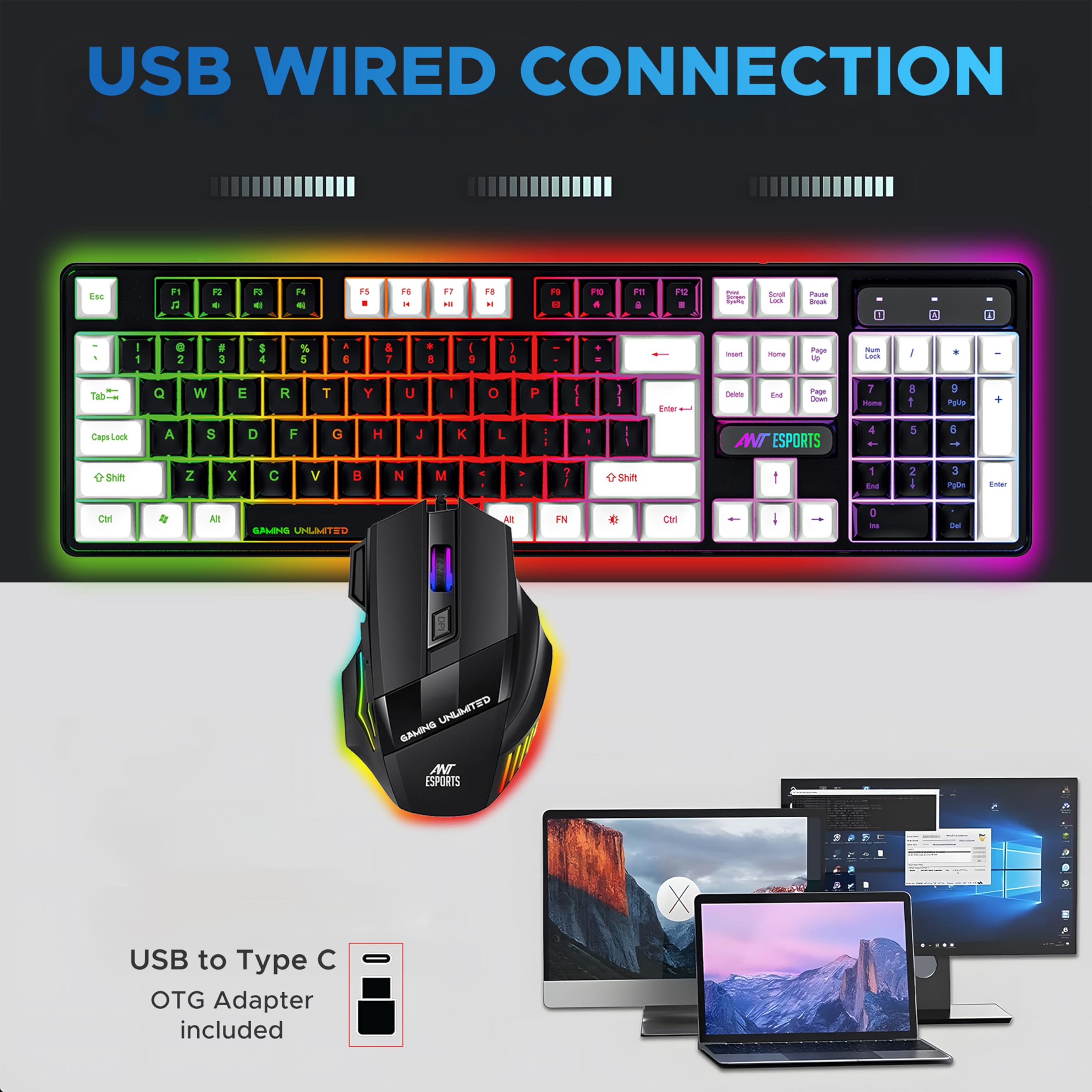 Ant Esports KM1410 Wired Gaming Keyboard and Mouse Combo, RGB LED Backlit, 25 Keys Anti-ghosting Water Resistant Membrane Keyboard, Carbon Black, Upto 3600 DPI RGB Gaming Mouse. — Amazon image 2