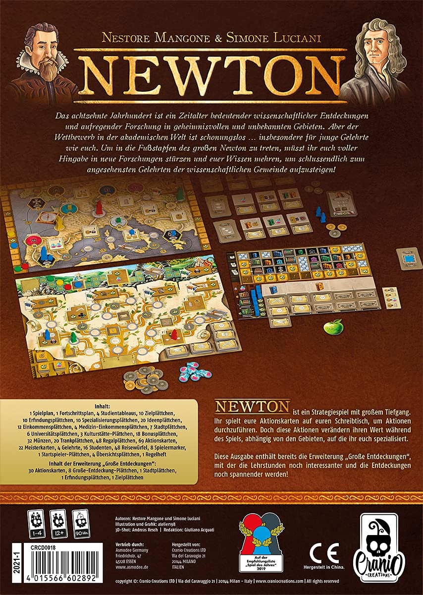 Asmodee | Cranio Creations | Newton inkl. Erweiterung Große Entdeckungen | Grundspiel + Erweiterung | Kennerspiel | Brettspiel | 2-4 Spieler | Ab 12+ Jahren | 45+ Minuten | Deutsch