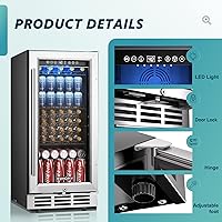 Vista 5 de EUHOMY 15 Inch Beverage Refrigerator Cooler Under Counter 127 Cans Beverage Fridge Built-in or Freestanding with Glass Door, LED Light, Beer Fridge