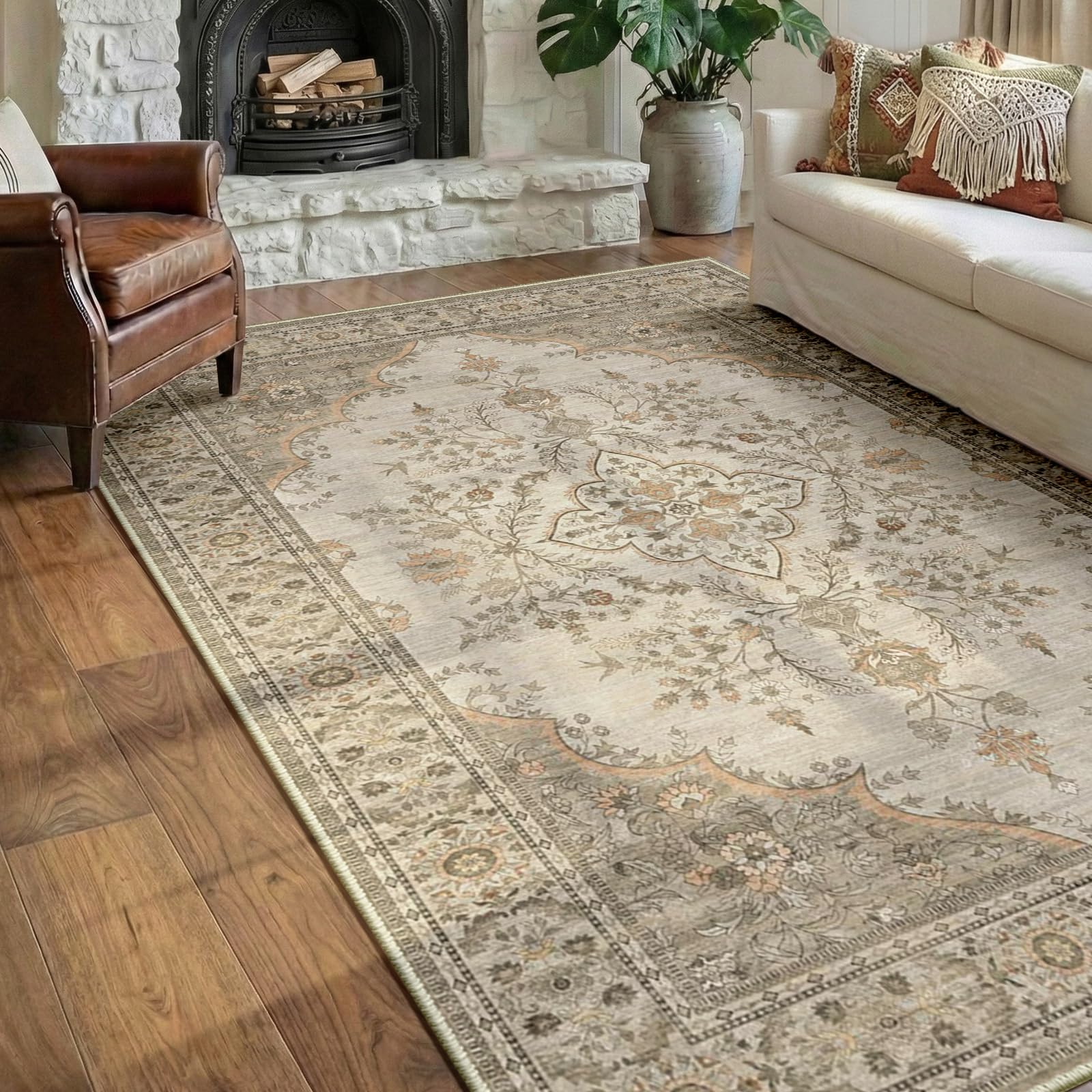 DEFYNEE Machine Washable Rug 150x210 cm, Short Pile & Anti-Slip, Retro Boho Area Rug for Living Room, Bedroom, Dining Room, Hallway, Grey-Orange