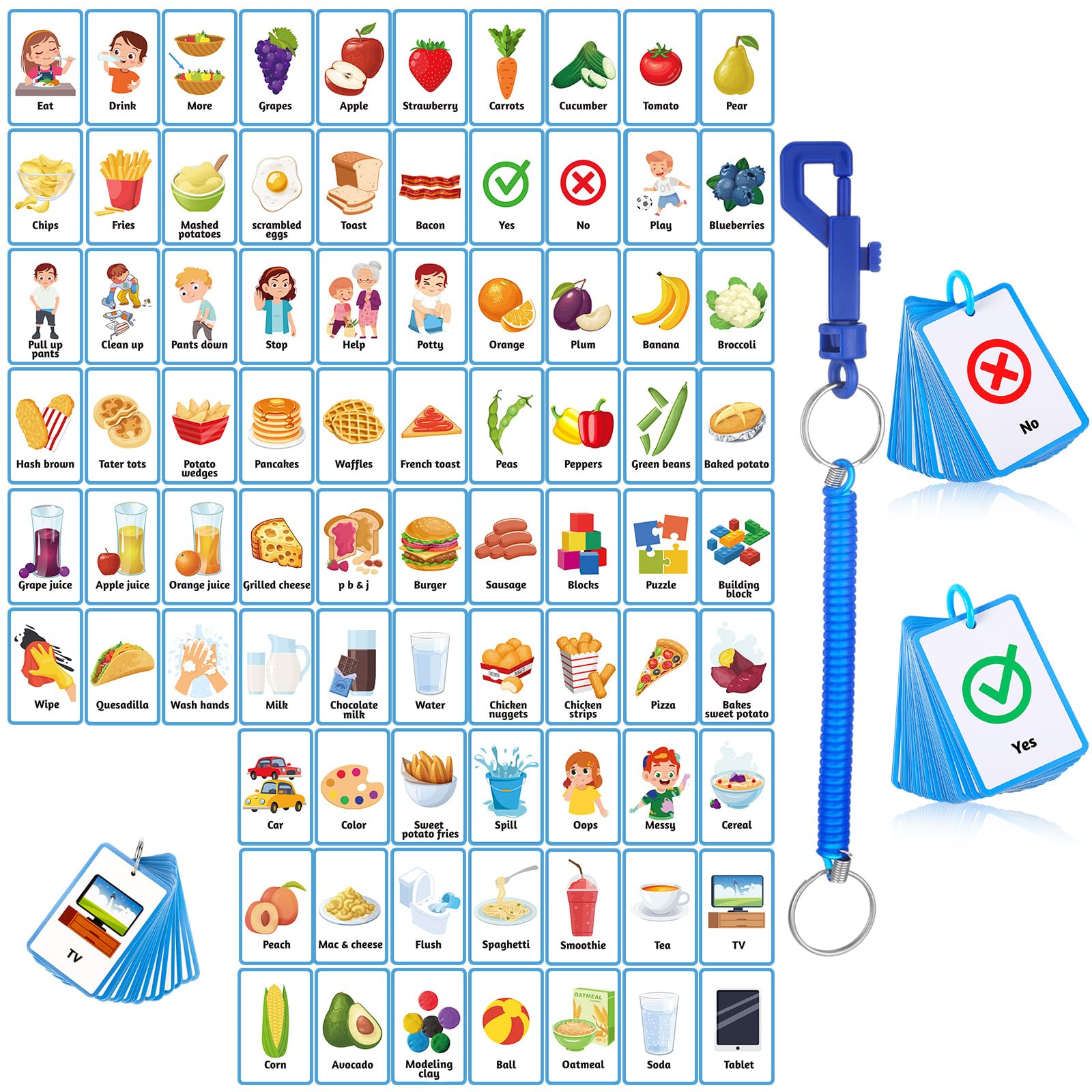81 Pcs Autism Communication Cards With Retractable Plastic Spring Cord Keychain - Nonverbal Communication Board, Flashcards for Special Needs Speech Delay (Blue)