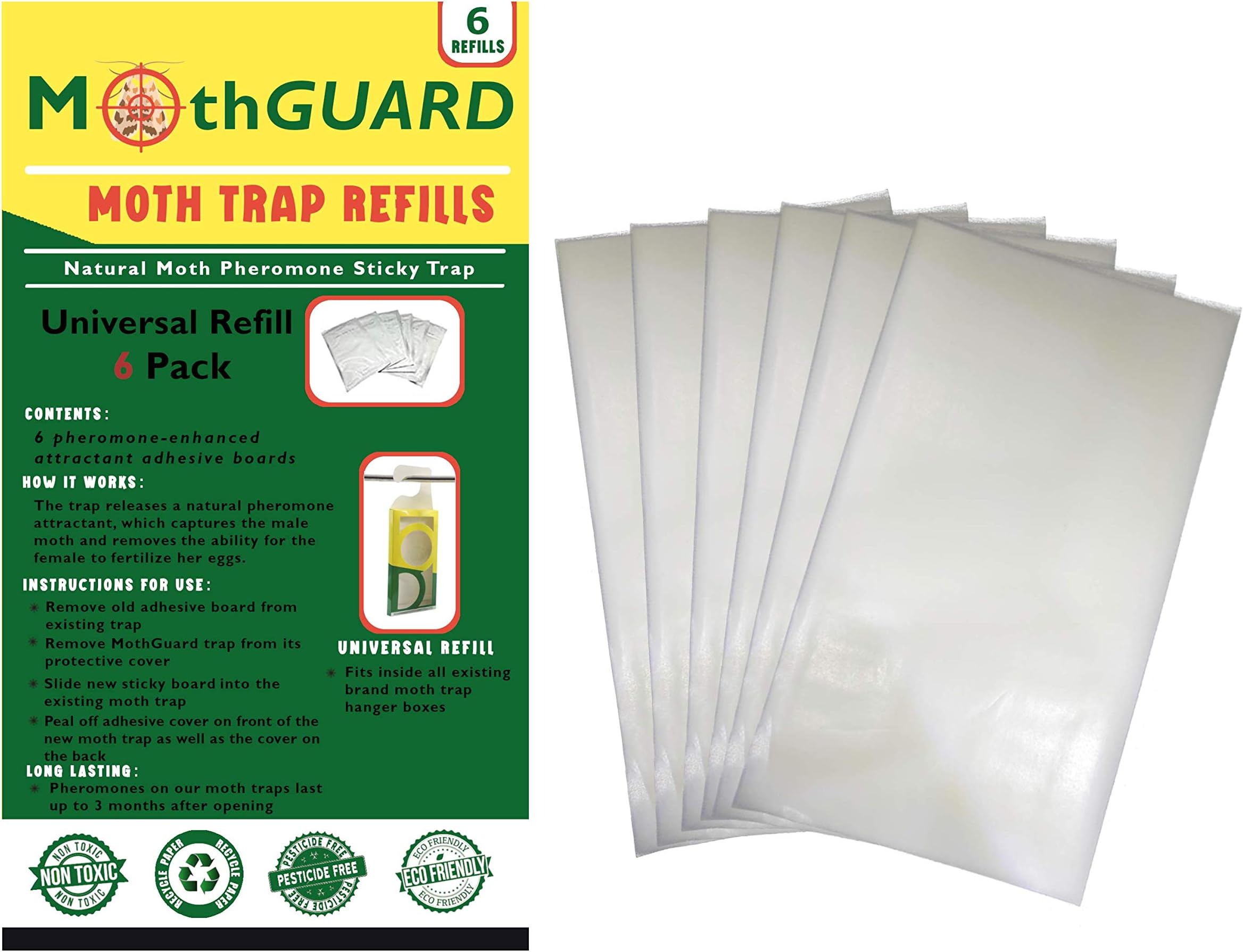 Moth Trap Hanger Box Refill – 6 Pheromone Enhanced Replacement Pack - Fits Inside MothPrevention and Other Moth Hanging Boxes - More Affordable Option