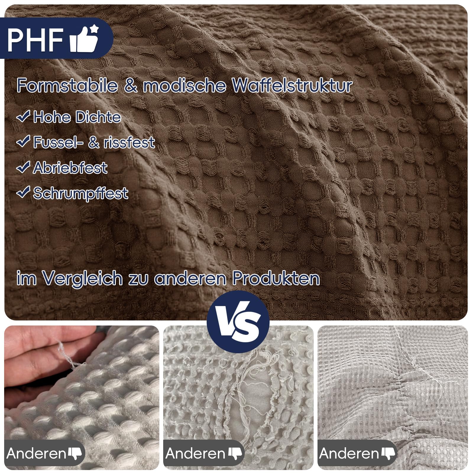 PHF Leichte Waffeldecke 220 x 240 cm, Atmungsaktive & Ultraweiche Kuscheldecke in Waffeloptik, Dünne Decke für Frühling & Sommer, Bett & Deko - Schokolade