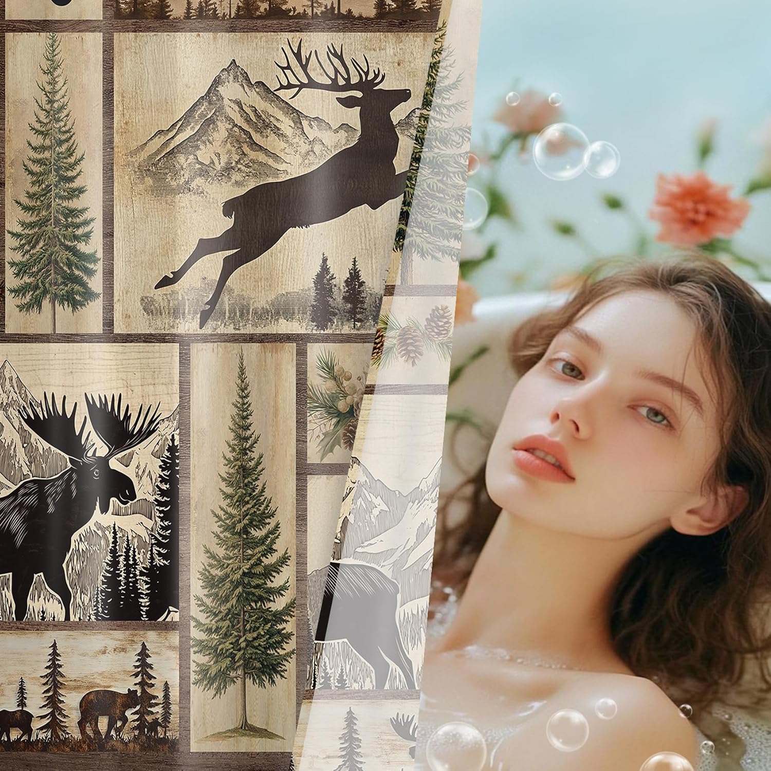 Rustic Cabin Deer Shower Curtain with Hooks, Wild Animal Bear in Pine Tree Forest and Mountain Nature Landscape Bathroom Curtains Shower Set, 72W x 78L inches