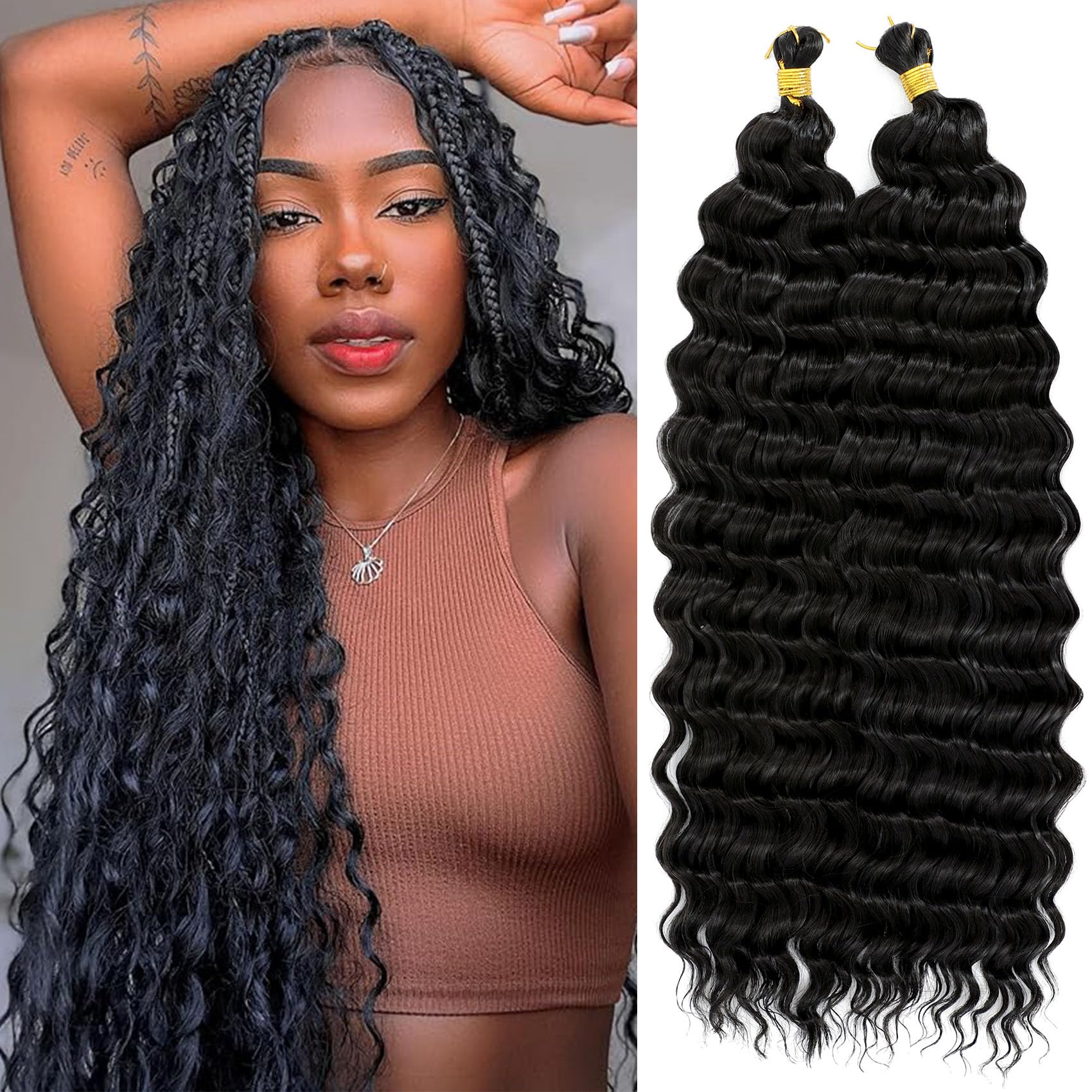 Eerya Long Curly Braiding Hair 22 Inch 2 Packs Deep Ocean Wave Crochet Hair for Black Women Deep Wave Braiding Hair for Boho Braids（22 inch, 1B）
