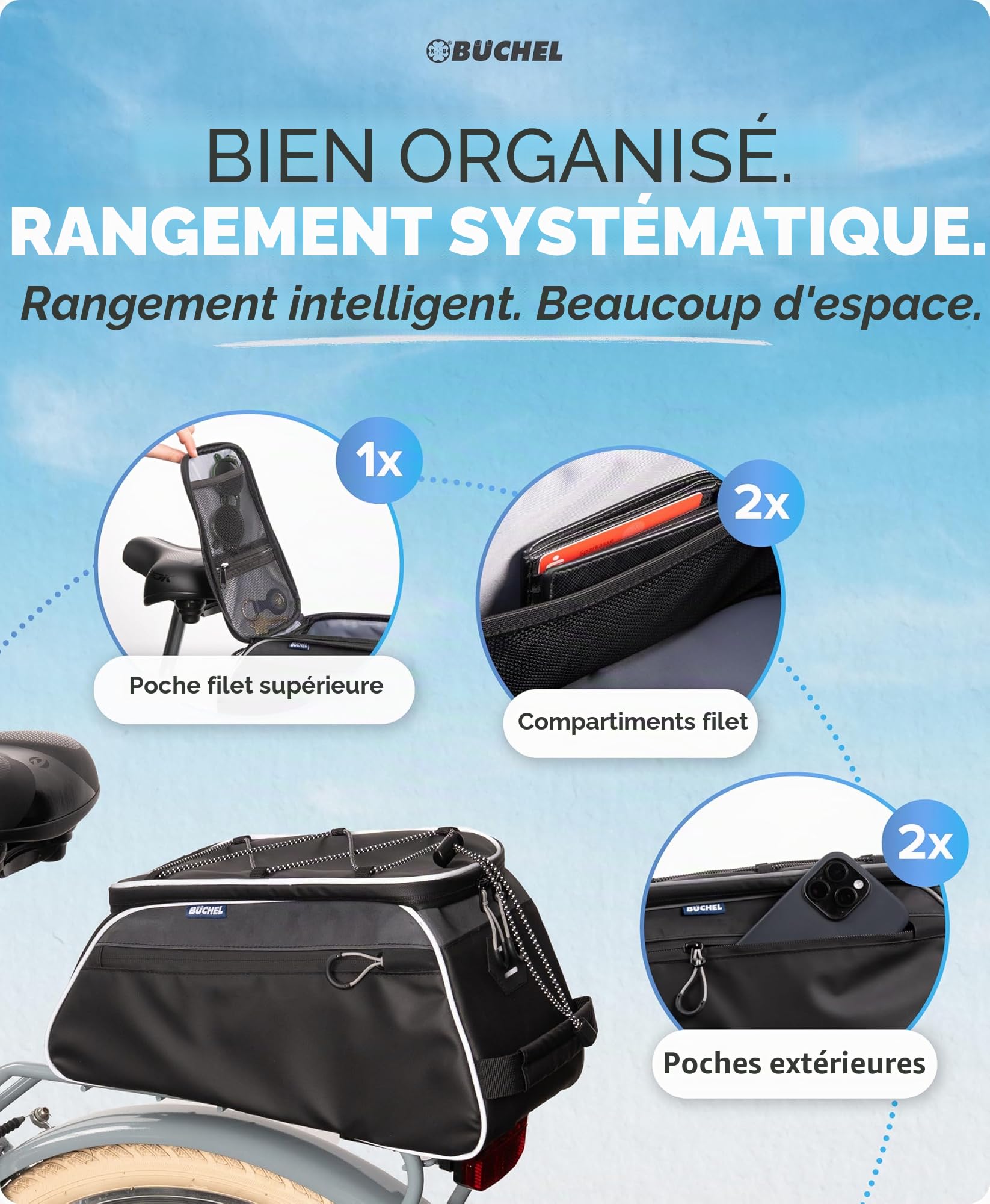 Büchel Sacoche de vélo pour Porte-Bagages - Sacoche de vélo étanche et réfléchissante avec Housse de Protection Contre la Pluie - Sacoche compacte avec Espace de Rangement Bien pensé pour vélos