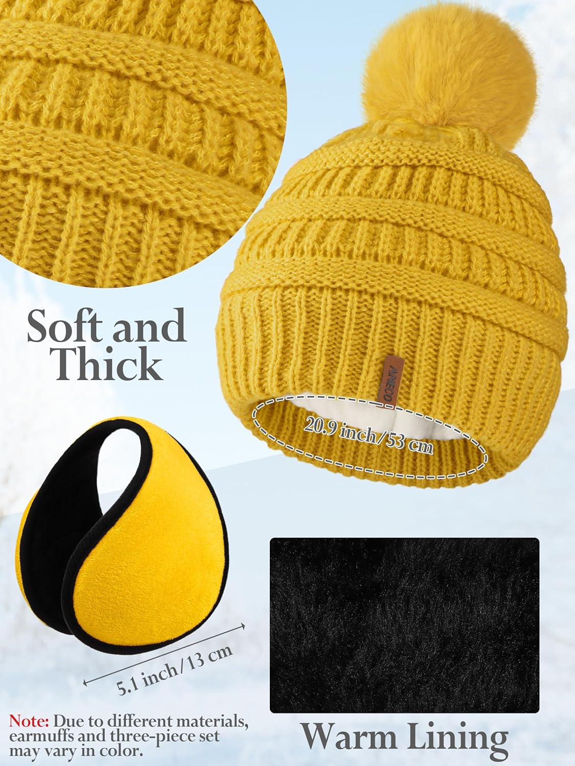 Aneco 4-in-1 Women Winter Beanie Hat Scarf Touchscreen Gloves Ear Warmer Set Fleece Lined Warm Knit Skull Cap with Pom Pom