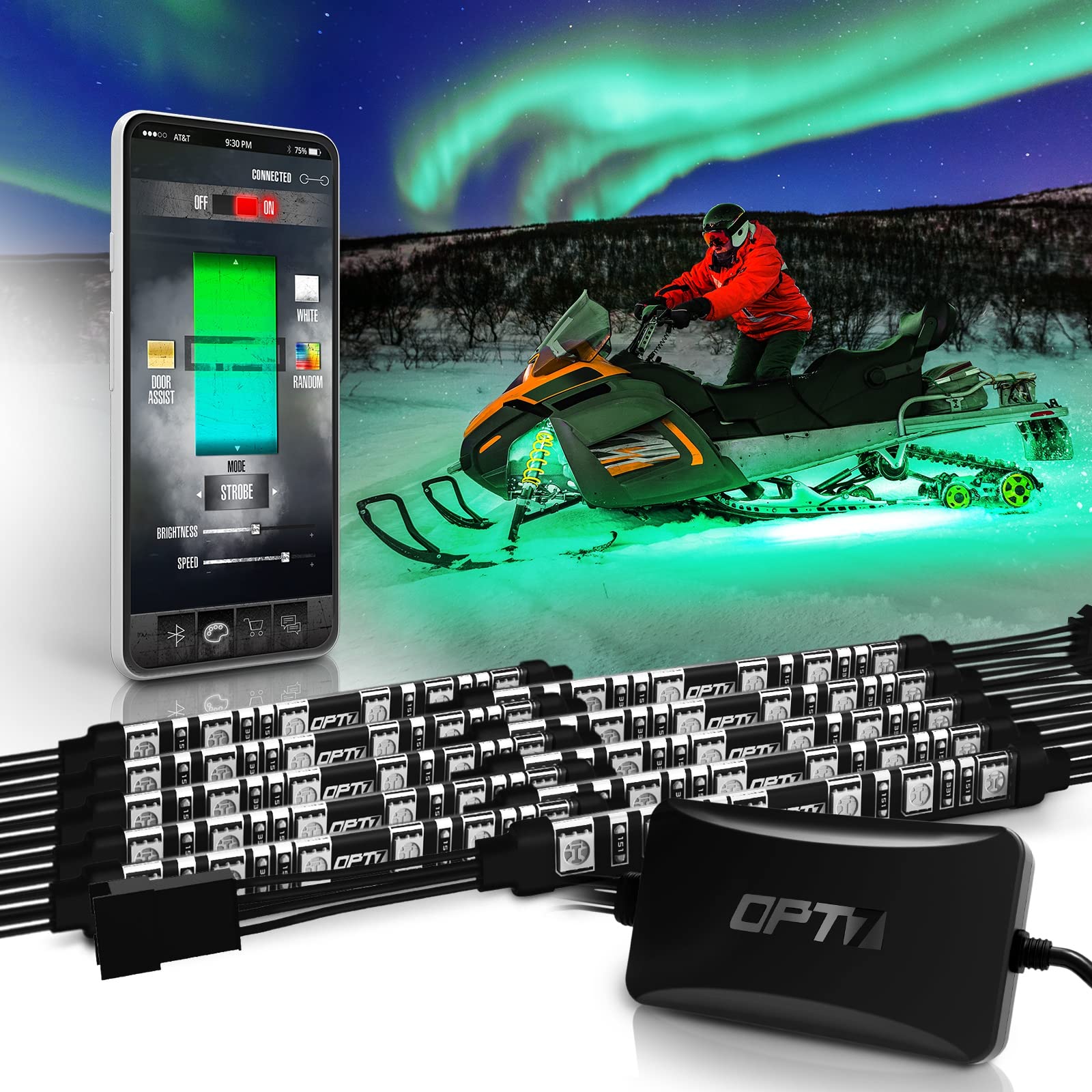 OPT7 Aura Pro Snowmobile Underglow LED Light Kit with APP Control, 10 PCS RGB Multi-Color Neon Accent Underbody LED Light Strips with Switch - iOS & Android Enabled