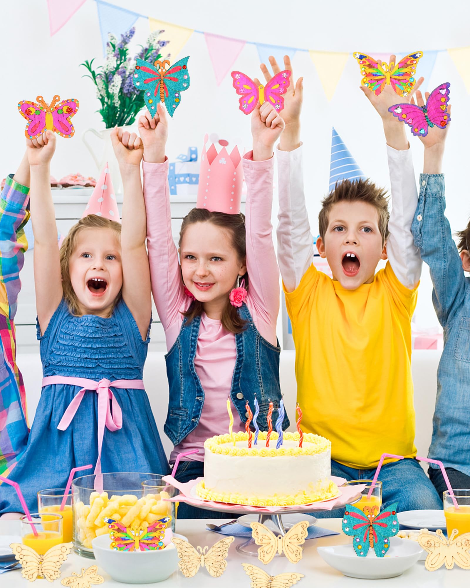 CHMMY 65 Sztuk Motyli - Zestaw Dekoracyjny dla Dzieci z Drewnianymi Motylami, Pisakiem Akwarelowym i Naklejkami ze Strasu - Dekoracja na Urodziny, Imprezy, Wesela, Baby Shower i Wieńce