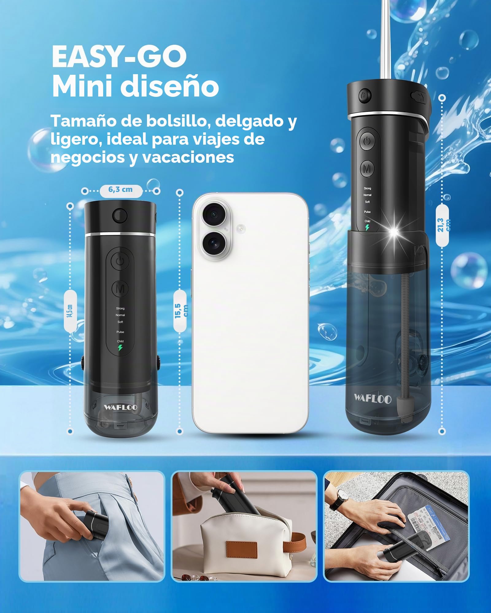 Irrigador Dental Portátil, Water Flosser USB-C Recargable, Inalambrico Irrigador Bucal con 5 Modos de Presión, 6 Boquillas Ortodoncia, Irrigador de Viaje para Limpieza Dental,(Negro)