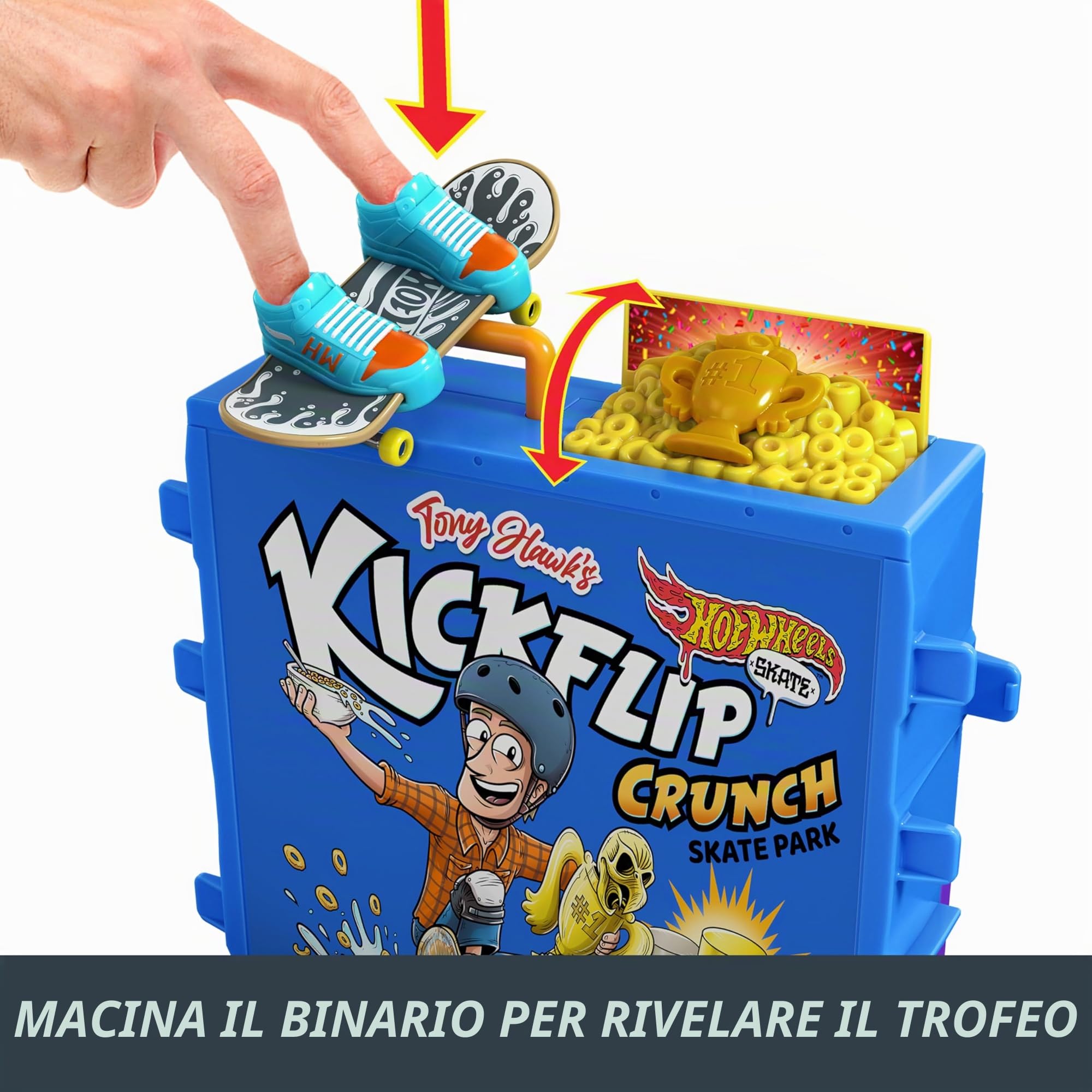 Hot Wheels Skate - Ciotola per Cereali da Skate di Tony Hawk, playset a tema cereali con 1 fingerboard e 1 paio di scarpine da skate removibili inclusi, giocattolo per bambini, 5+ anni, HTP09