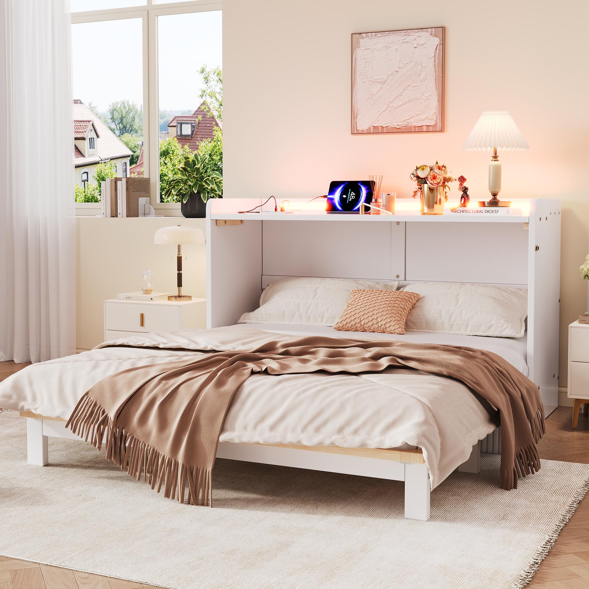 Armario cama, 140 x 200 cm, debajo de la cama se encuentran cajones, con USB y enchufe, barra de luz LED, con placa brillante, cama con plataforma convertible, sin colchón, color blanco