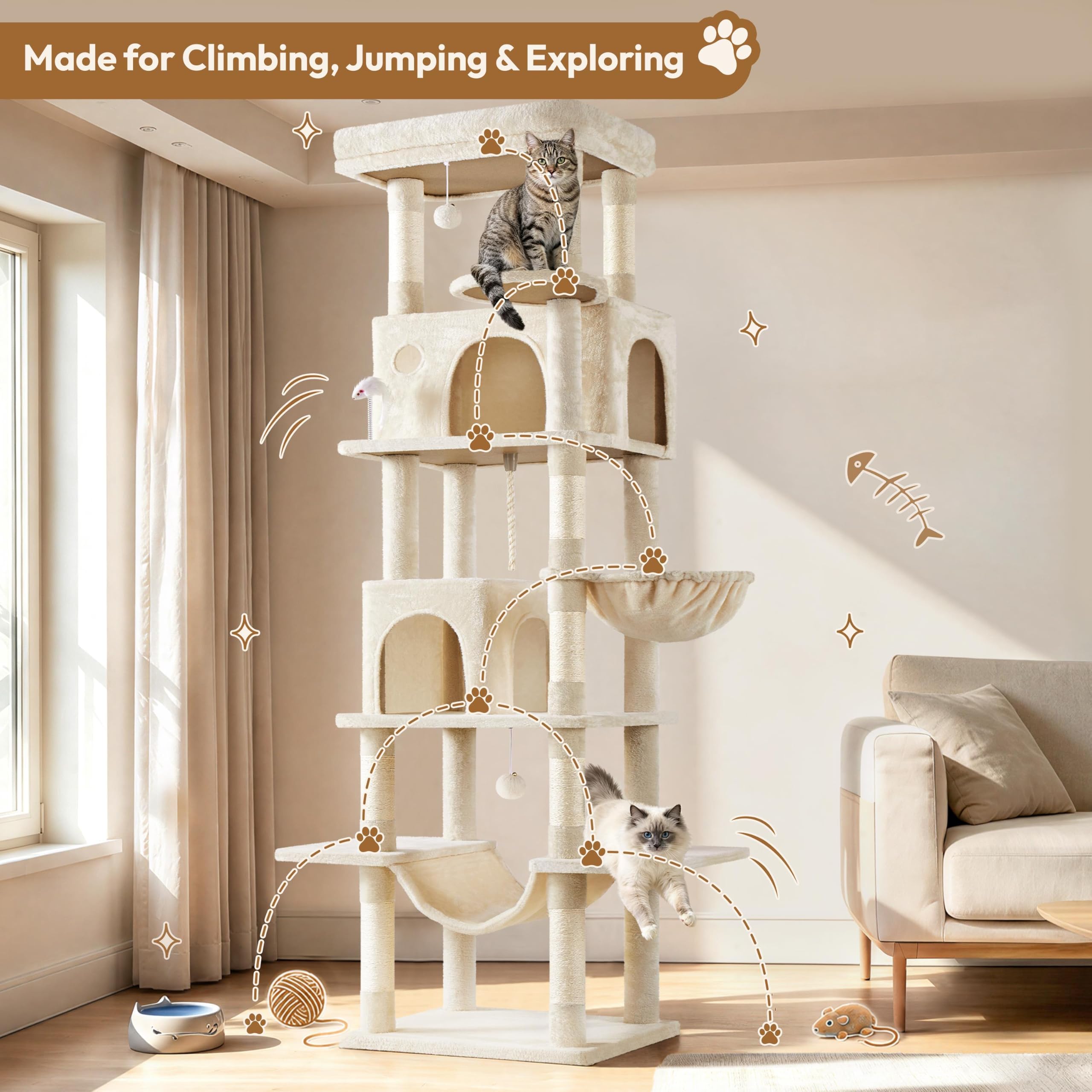 Yaheetech Albero Tiragraffi per Gatti XXL Alto 210 cm a 6 Livelli Beige